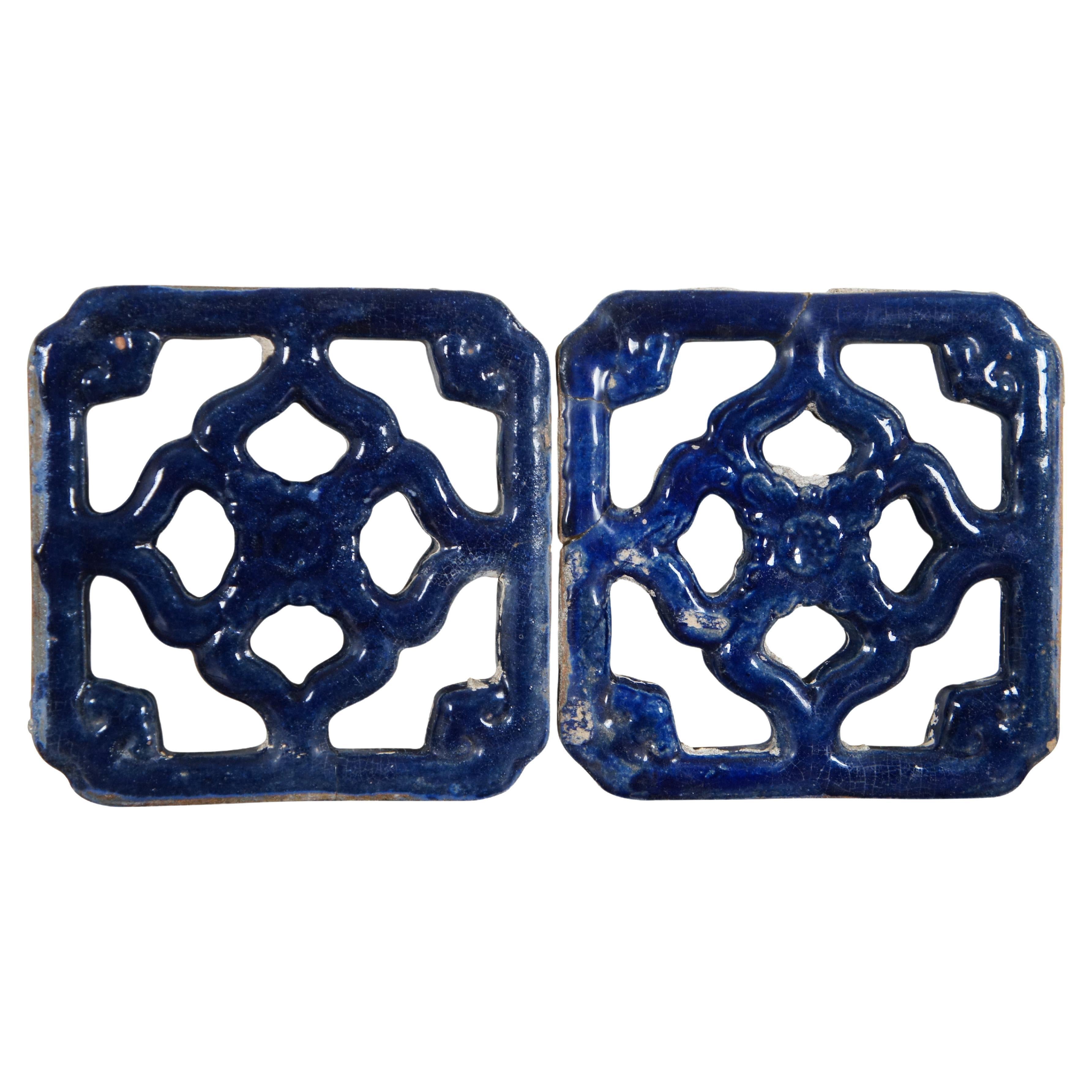 2 Vintage Pierced Ceramic Floral Blue Glazed Vent Grill Tile Wall Decor Pair 10" For Sale