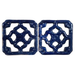 2 Retro Pierced Ceramic Floral Blue Glazed Vent Grill Tile Wall Decor Pair 10"