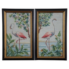 2 Vintage Flamingo Bird brodé à l'aiguille 13 po.