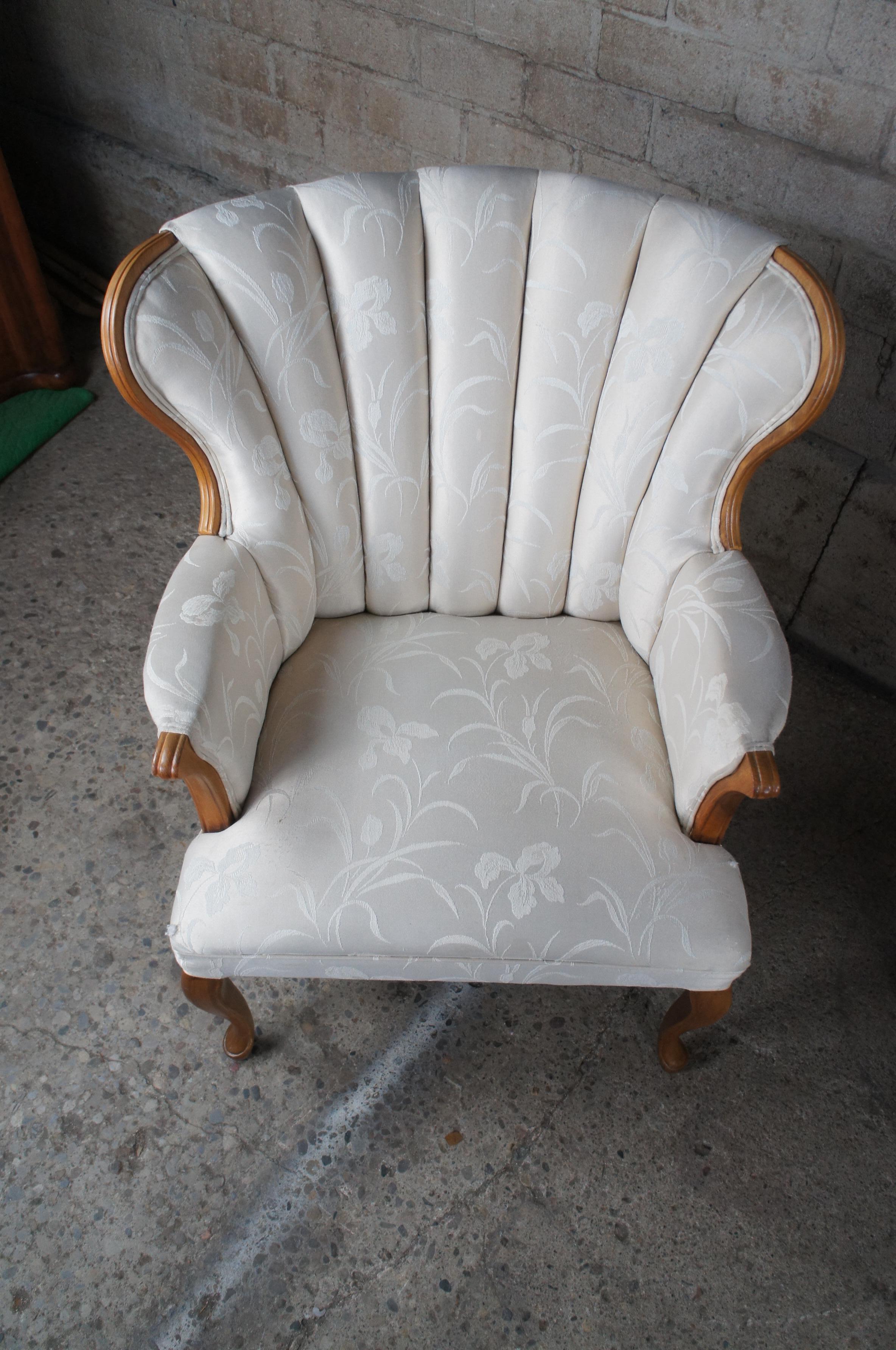 20th Century 2 Vintage Queen Anne Mahogany Channel Back Upholstered Wingback Arm Chairs For Sale