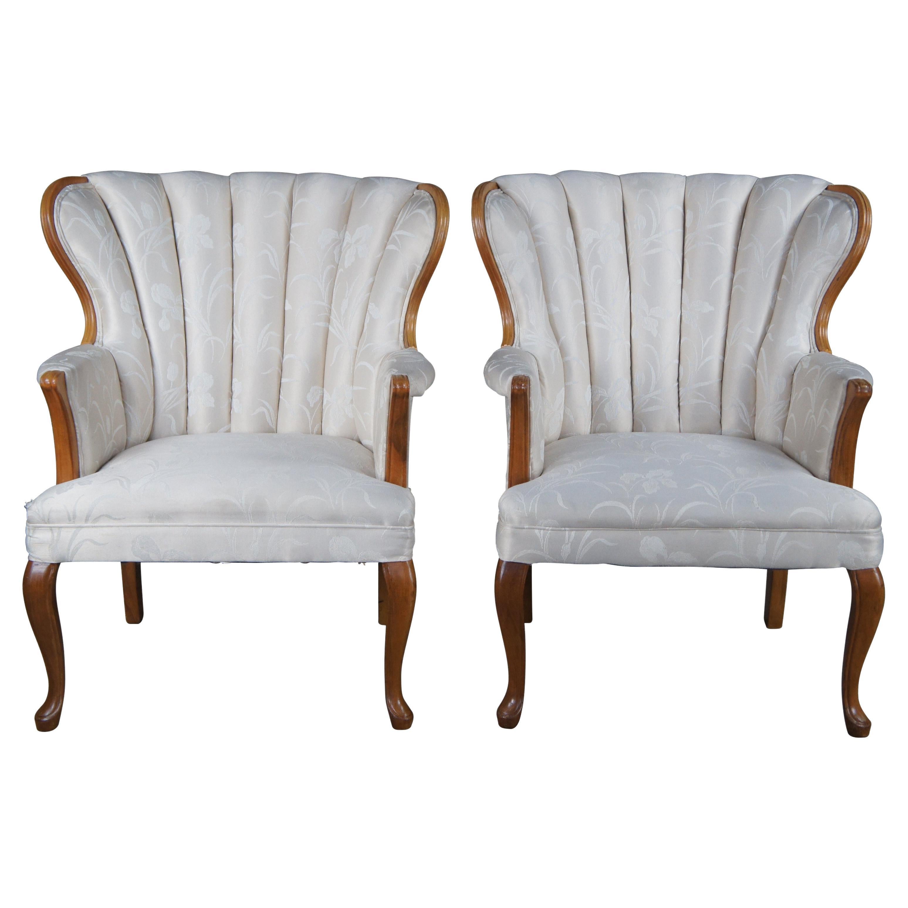 2 Vintage Queen Anne Mahogany Channel Back Upholstered Wingback Arm Chairs