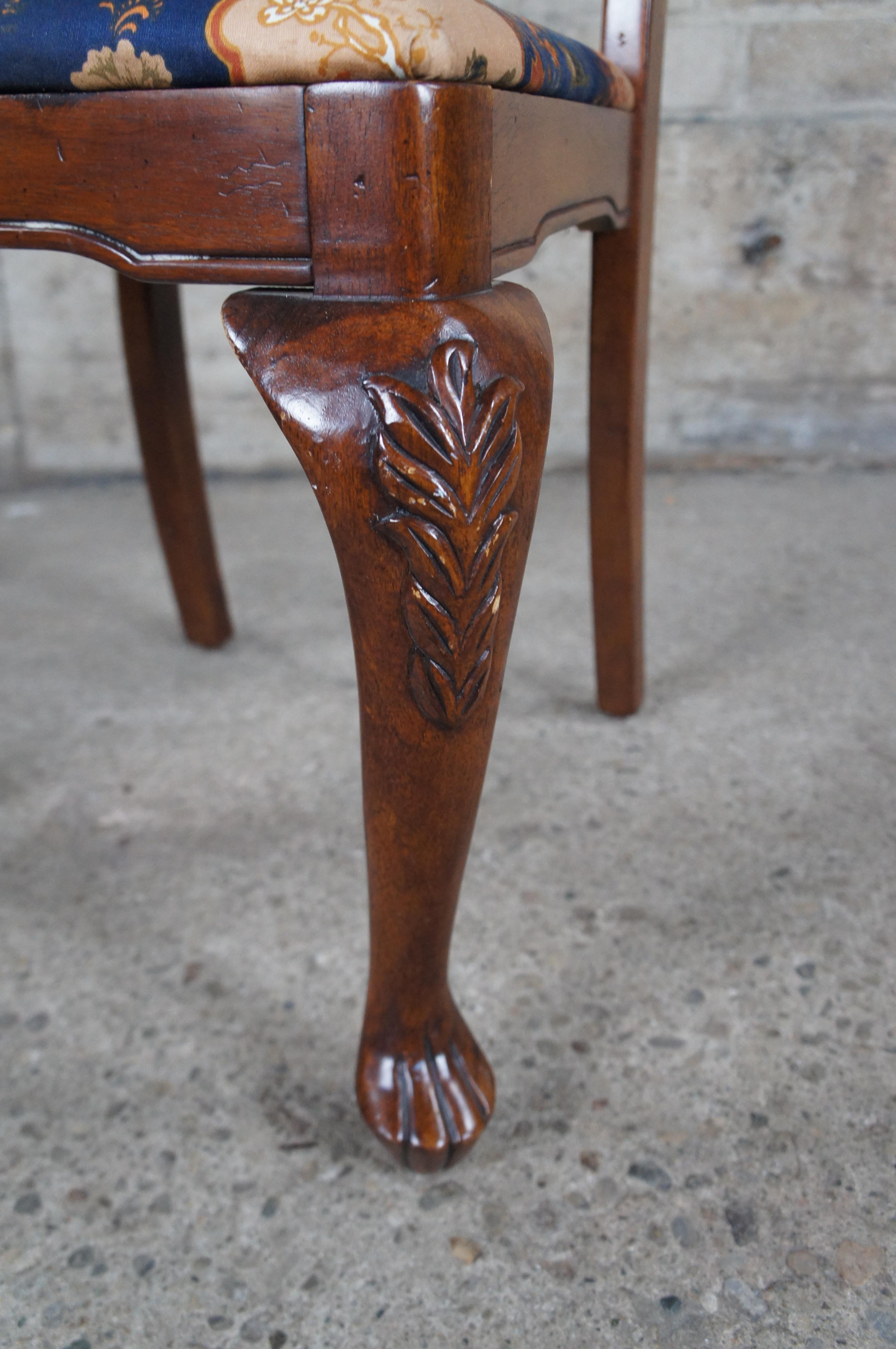 2 Vintage Queen Anne Mahogany Dining Side Chairs Chinoiserie Silk Fabric Pair For Sale 2