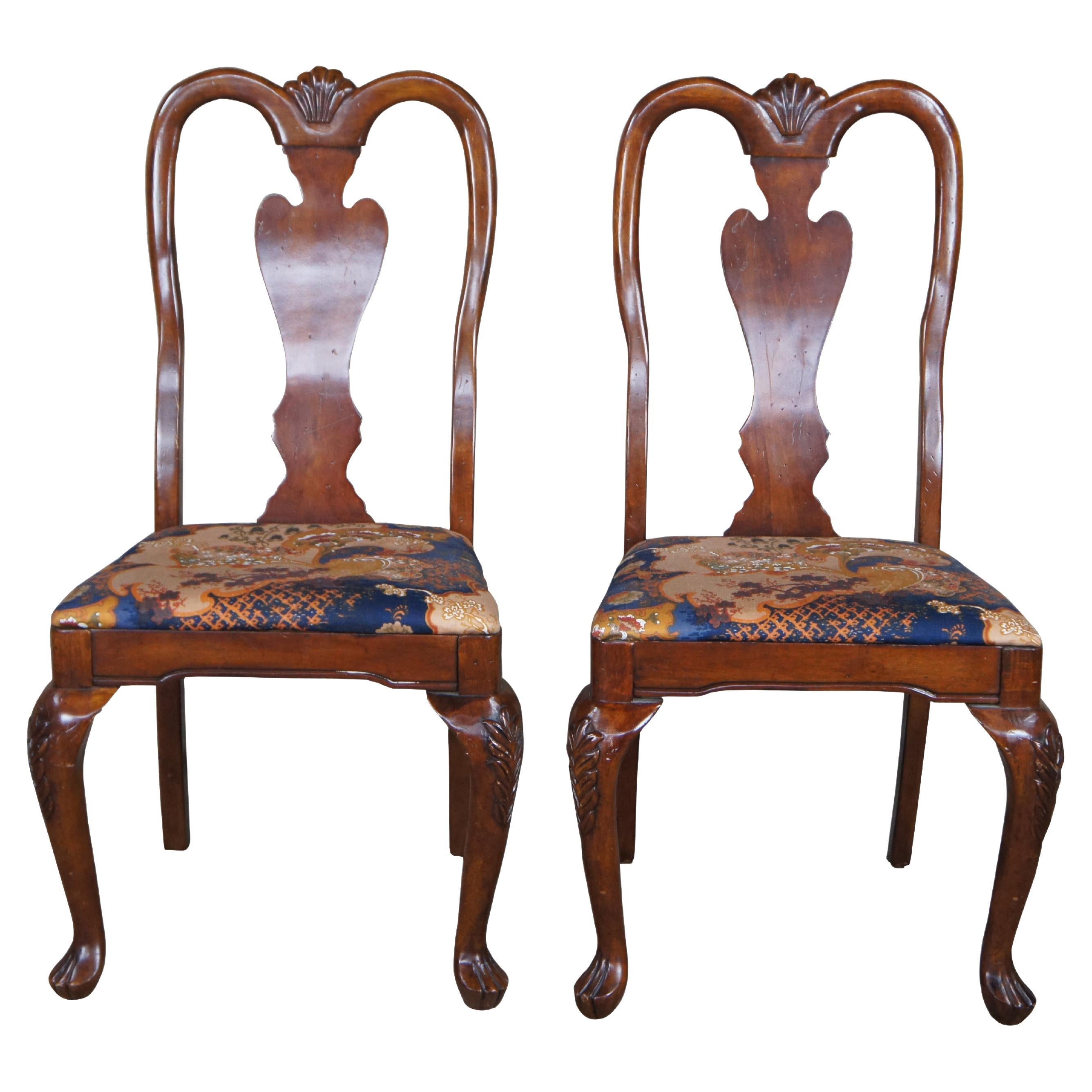 2 Vintage Queen Anne Mahogany Dining Side Chairs Chinoiserie Silk Fabric Pair