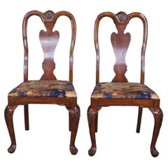 2 Vintage Queen Anne Mahogany Dining Side Chairs Chinoiserie Silk Fabric Pair