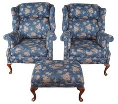 2 Vintage Queen Anne Mahogany Wingback Library Club Arm Chairs & Ottoman