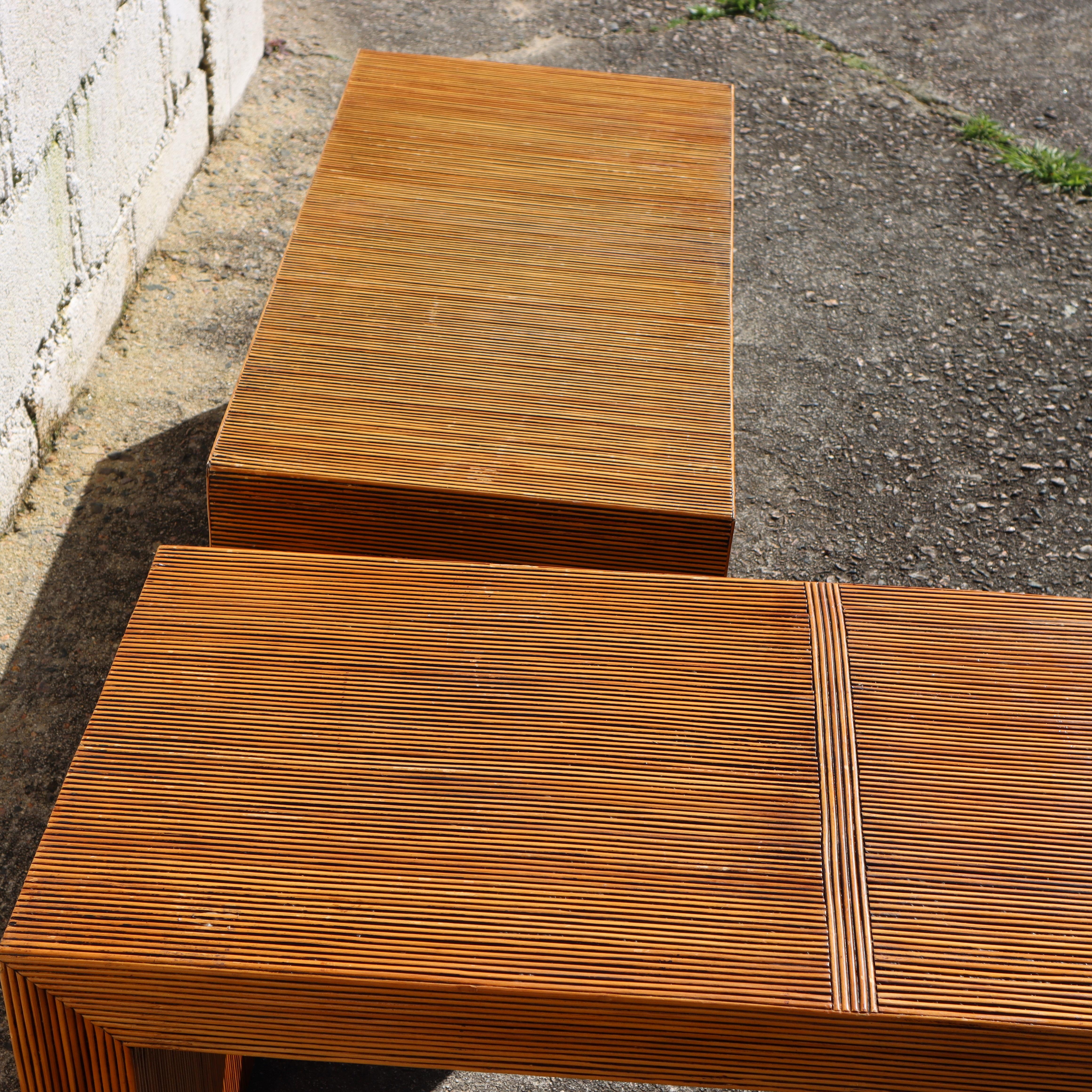2 Vintage Rattan Coffee Tables-Cuboid Lounge Tables-Set Patio Deck Tables-80s For Sale 4