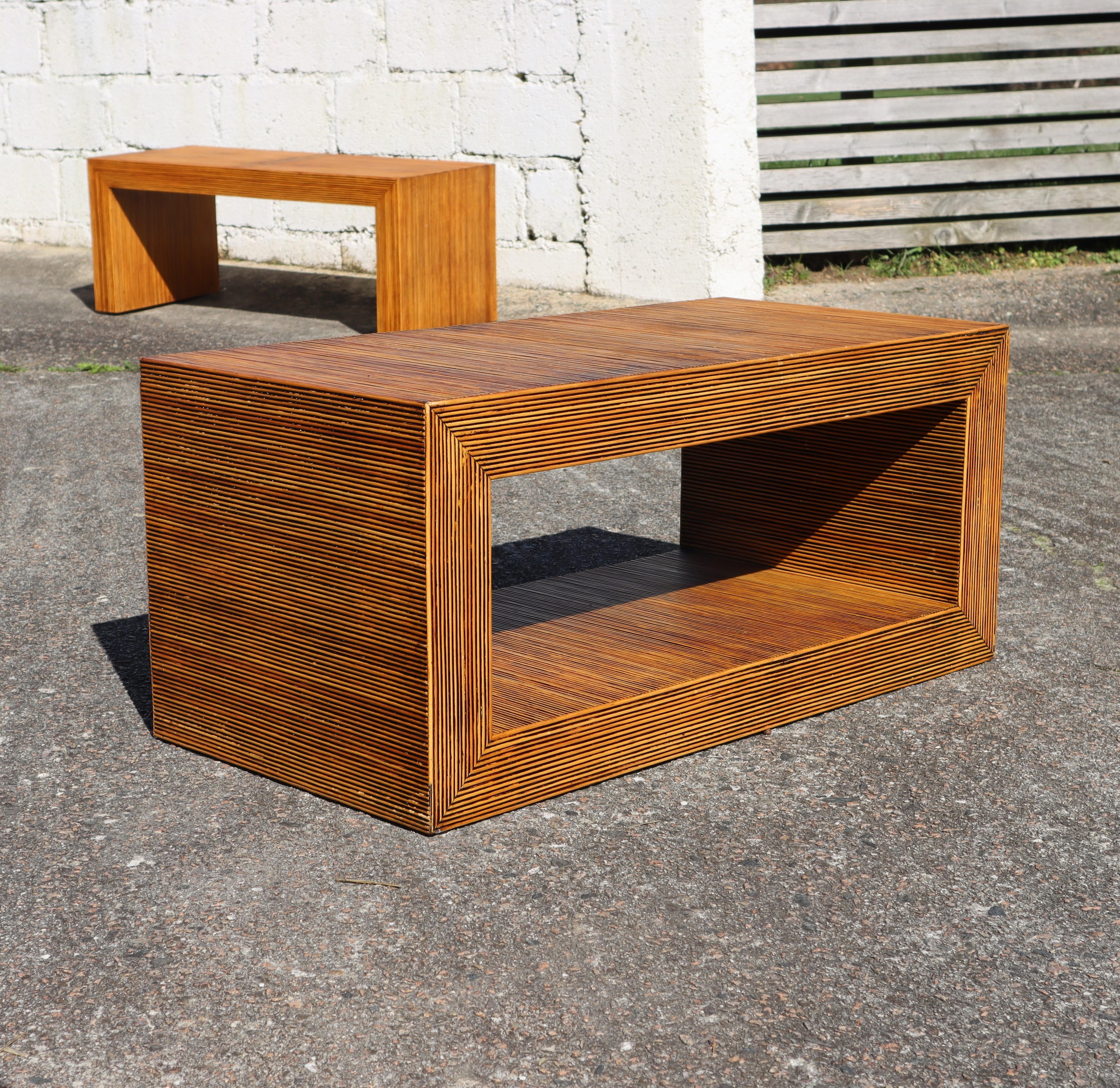 Scandinavian Modern 2 Vintage Rattan Coffee Tables-Cuboid Lounge Tables-Set Patio Deck Tables-80s