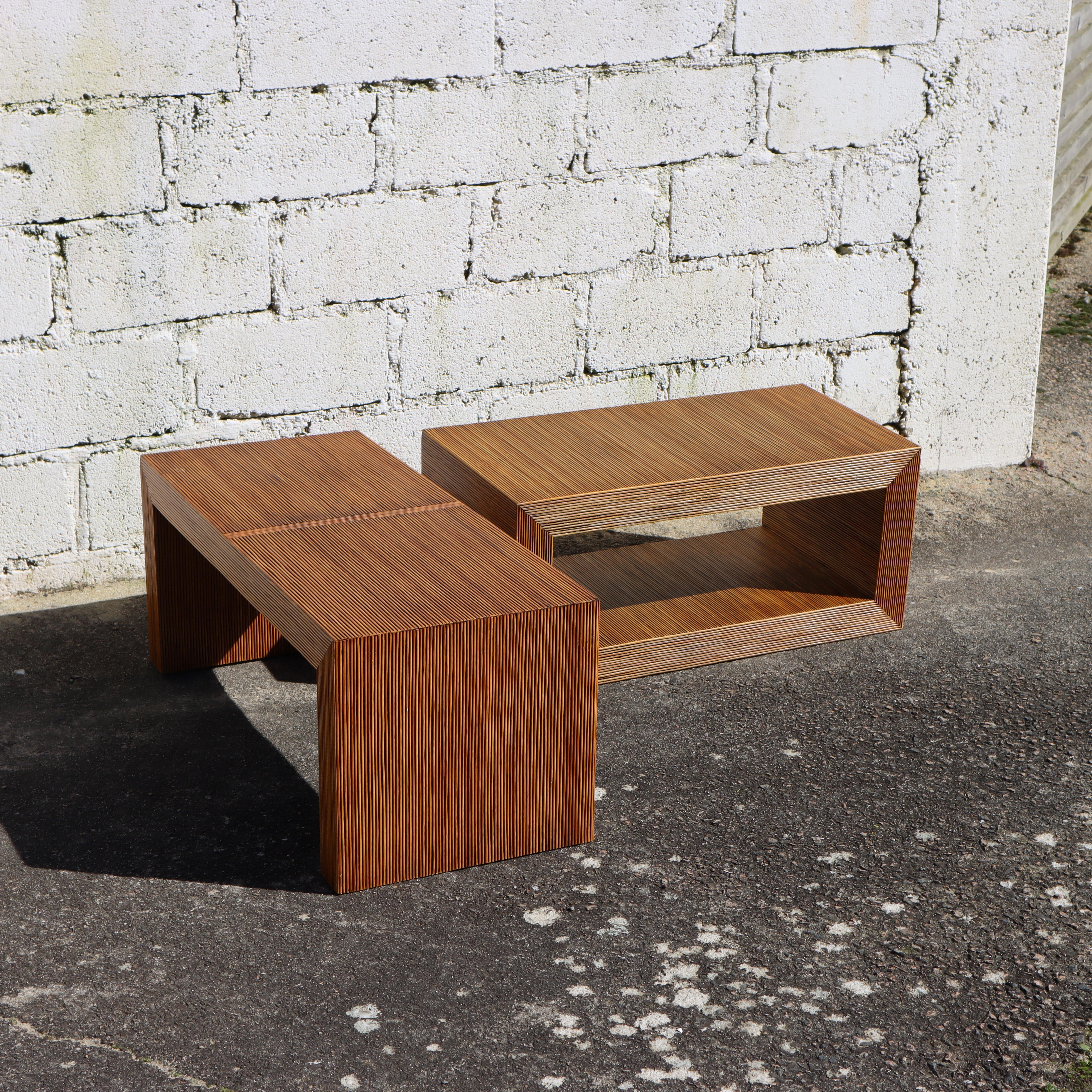 Laminated 2 Vintage Rattan Coffee Tables-Cuboid Lounge Tables-Set Patio Deck Tables-80s For Sale