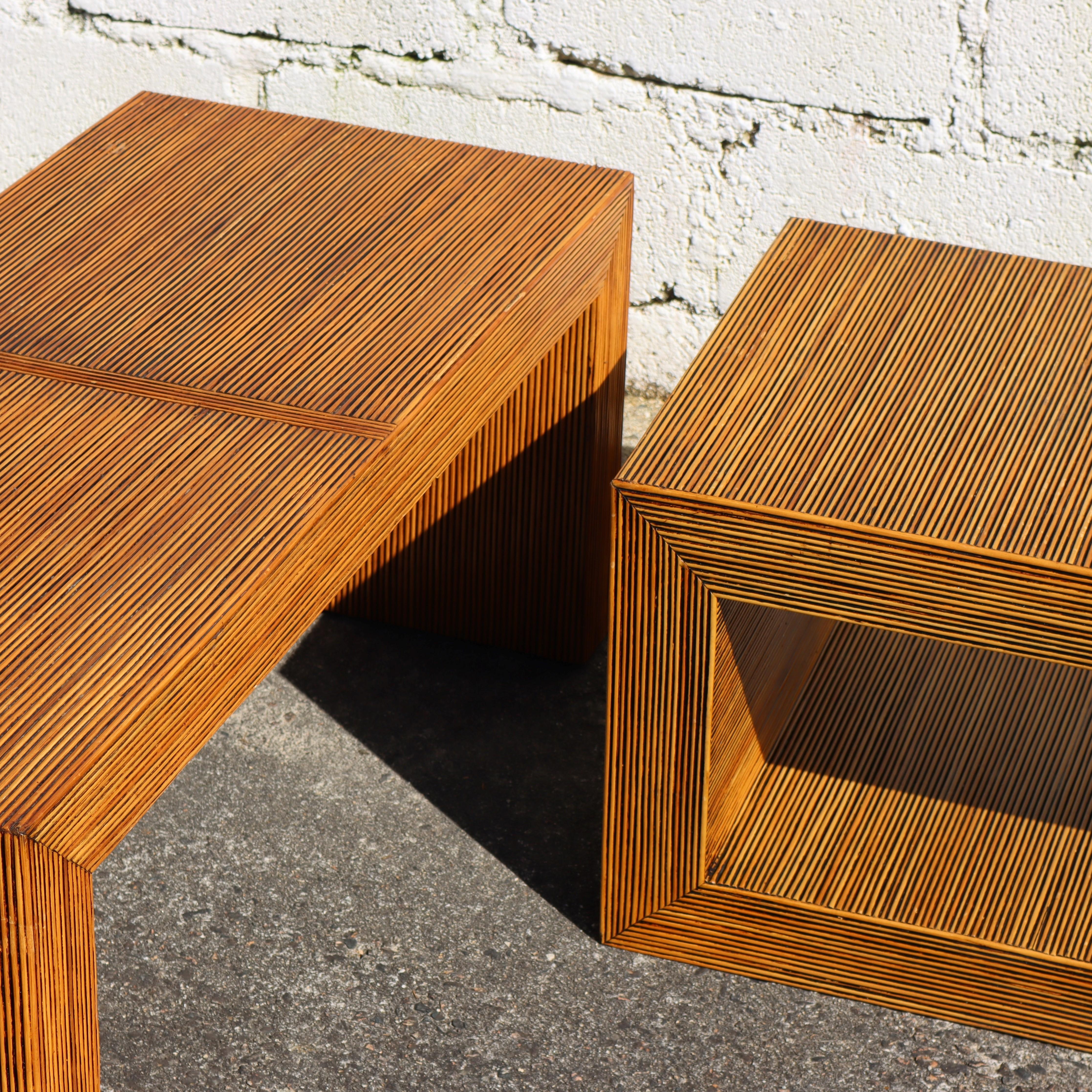 2 Vintage Rattan Coffee Tables-Cuboid Lounge Tables-Set Patio Deck Tables-80s For Sale 1