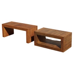 2 Retro Rattan Coffee Tables-Cuboid Lounge Tables-Set Patio Deck Tables-80s