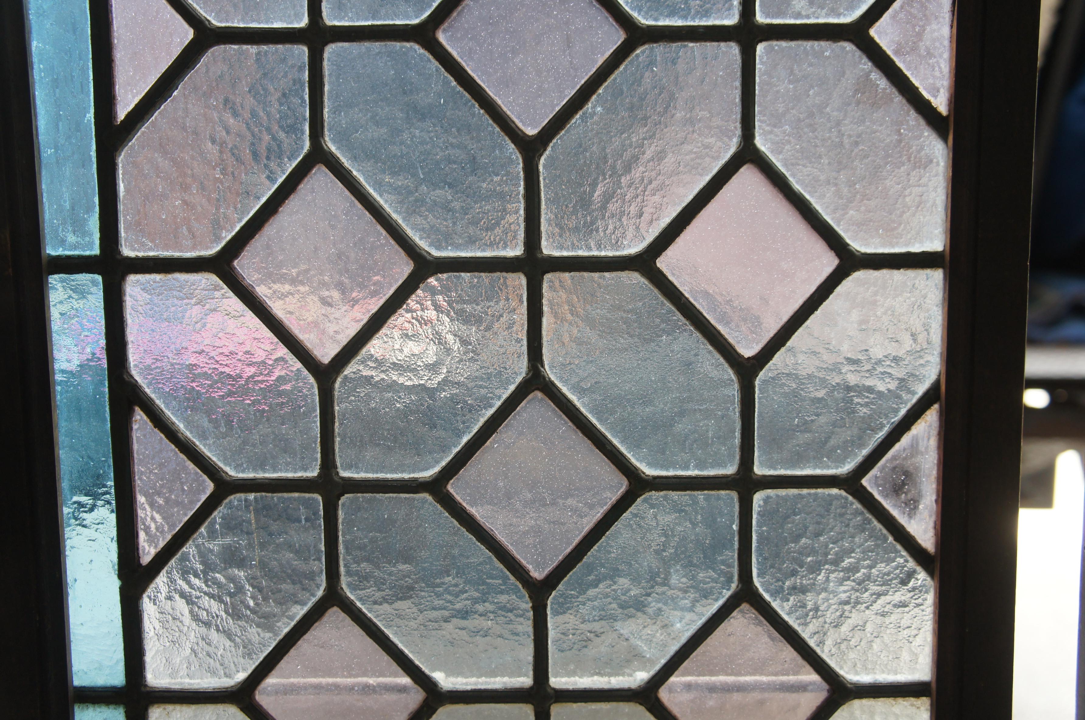 2 Vintage Reclaimed Arched Leaded Geometric Diamond Stained Glass Windows Pair For Sale 5