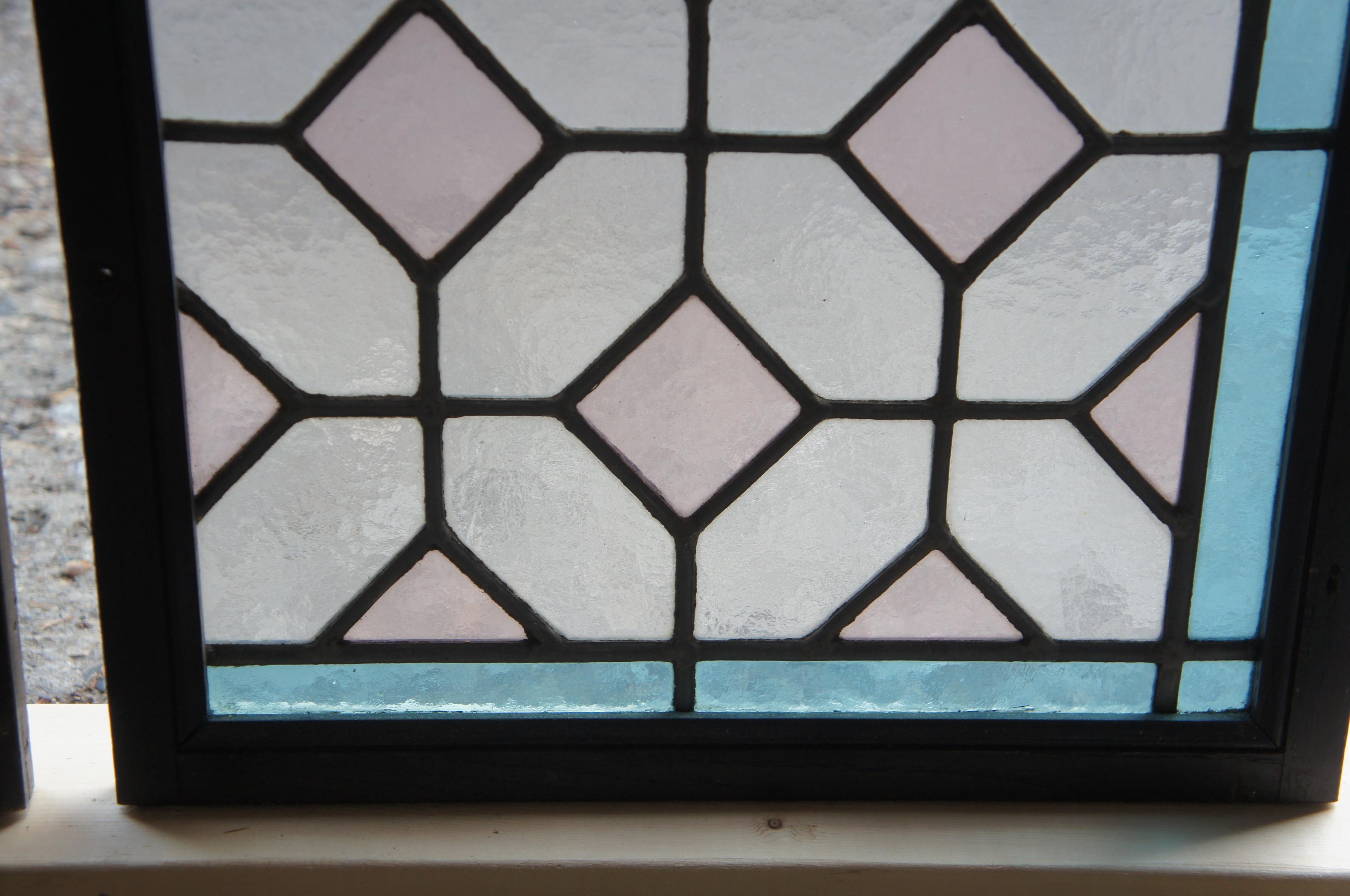 2 Vintage Reclaimed Arched Leaded Geometric Diamond Stained Glass Windows Pair For Sale 7
