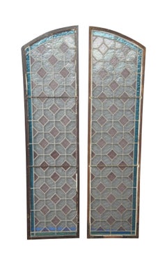 2 Vintage Reclaimed Arched Leaded Geometric Diamond Stained Glass Windows Pair