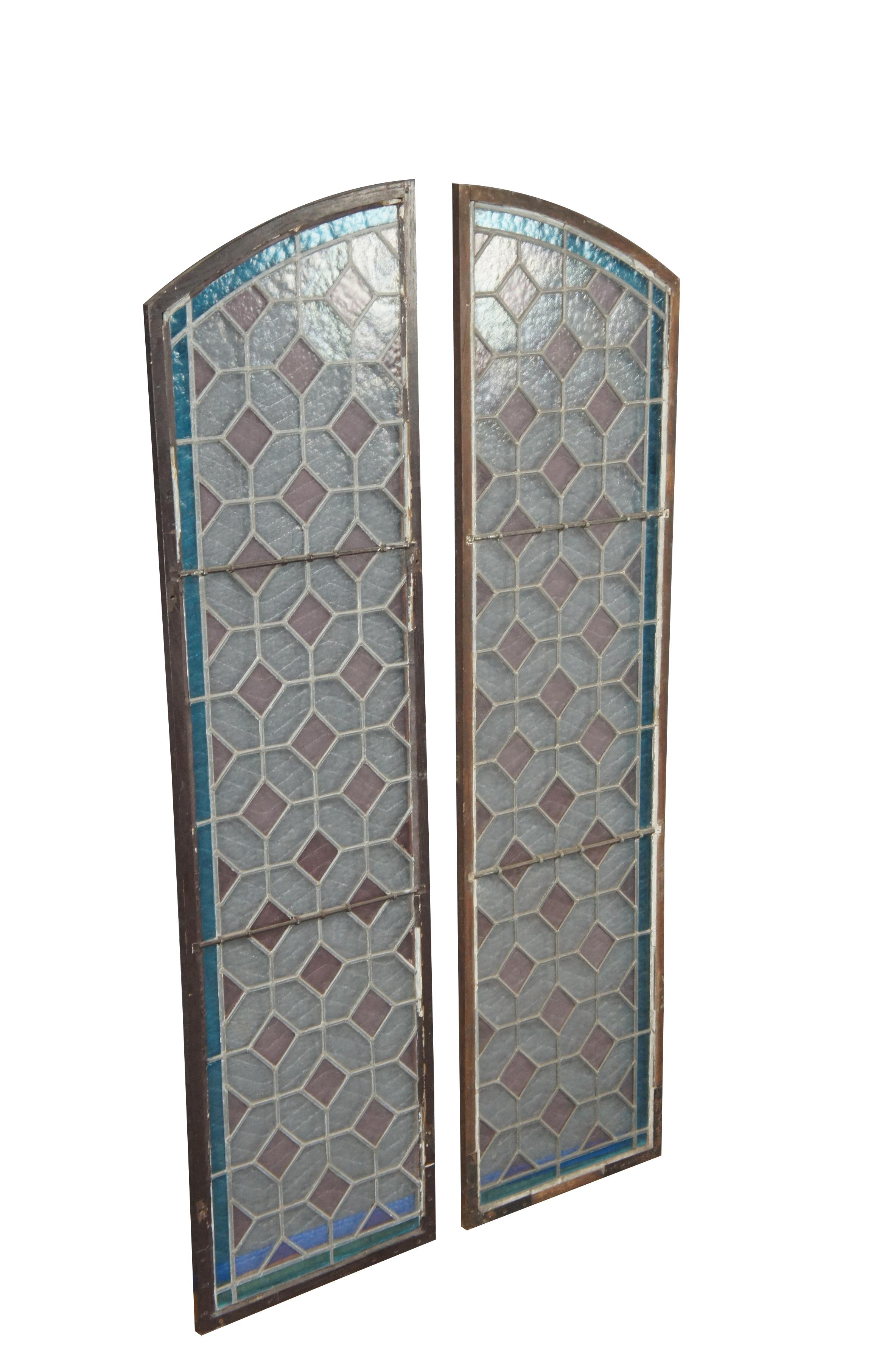 Victorian 2 Vintage Reclaimed Arched Leaded Geometric Diamond Stained Glass Windows Pair For Sale