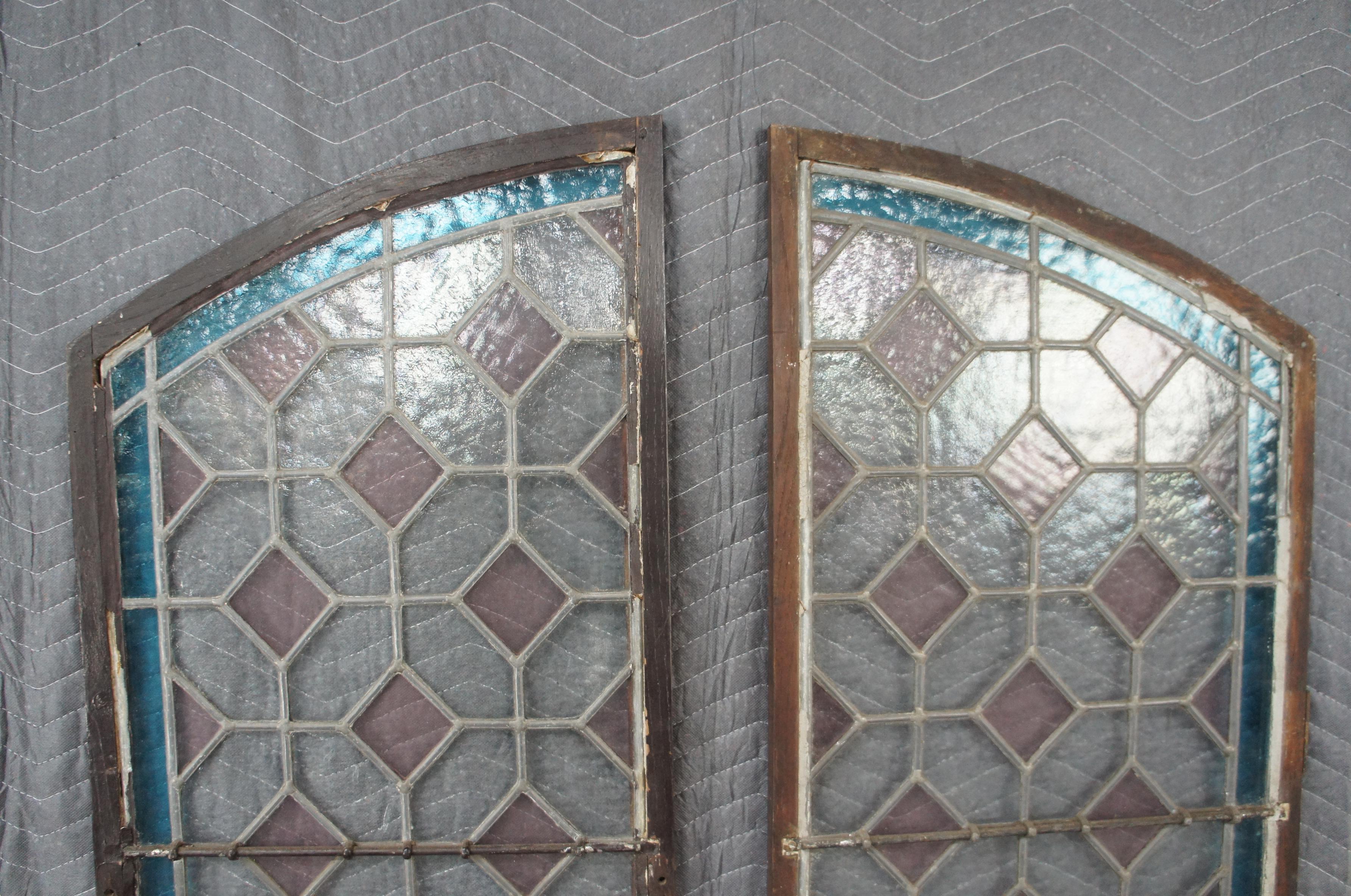 20th Century 2 Vintage Reclaimed Arched Leaded Geometric Diamond Stained Glass Windows Pair For Sale
