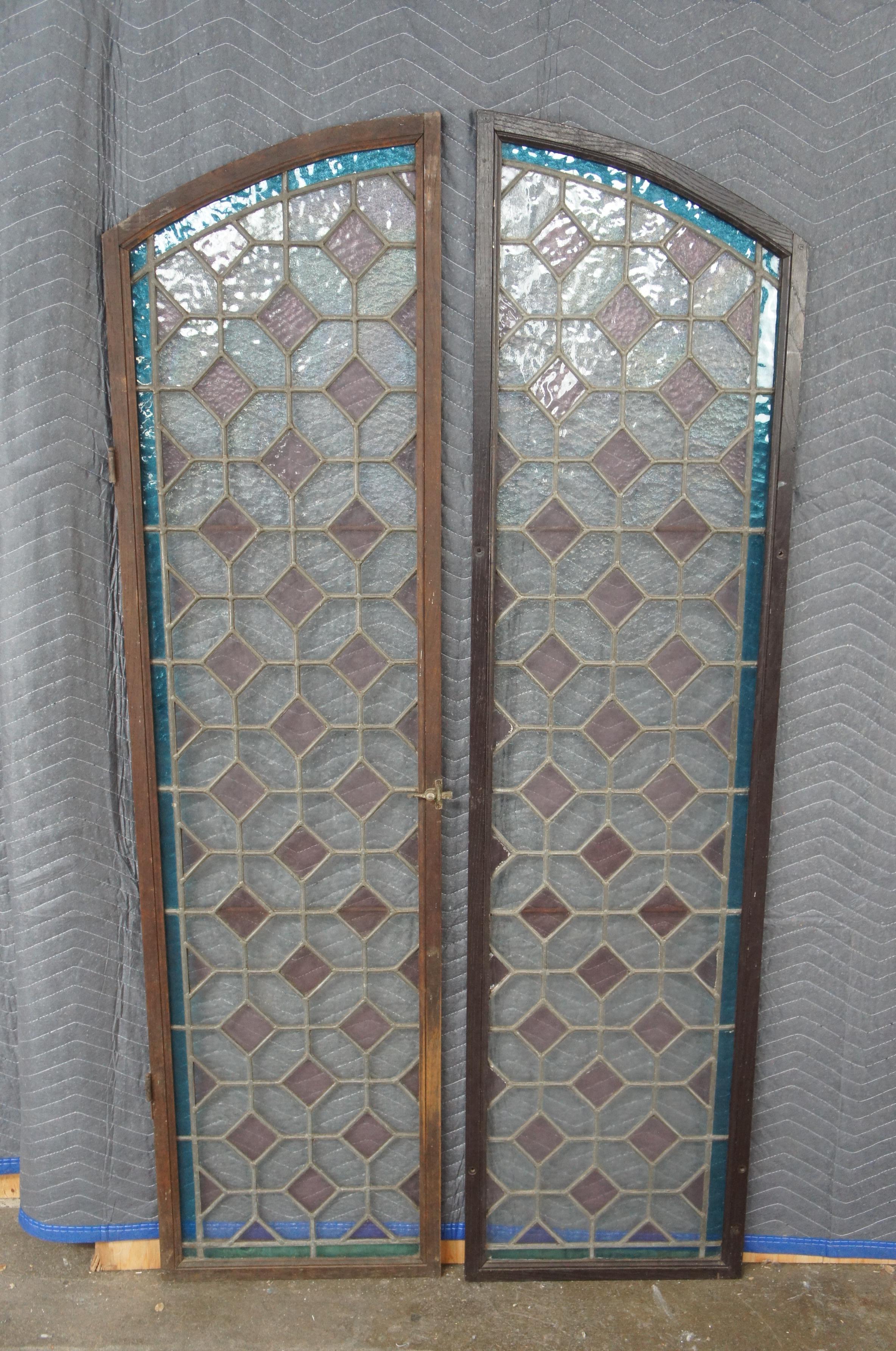 2 Vintage Reclaimed Arched Leaded Geometric Diamond Stained Glass Windows Pair For Sale 1