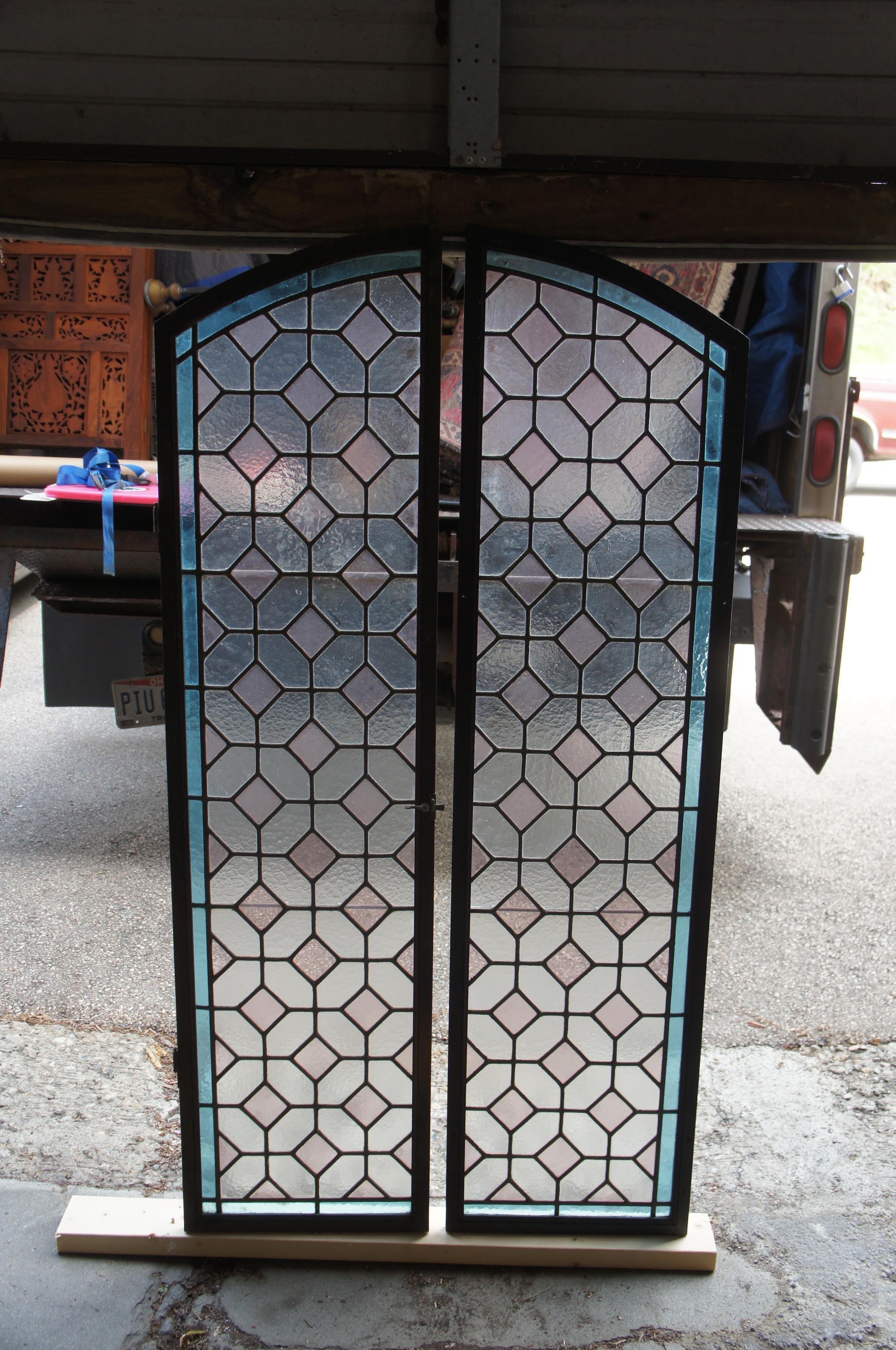 2 Vintage Reclaimed Arched Leaded Geometric Diamond Stained Glass Windows Pair For Sale 2