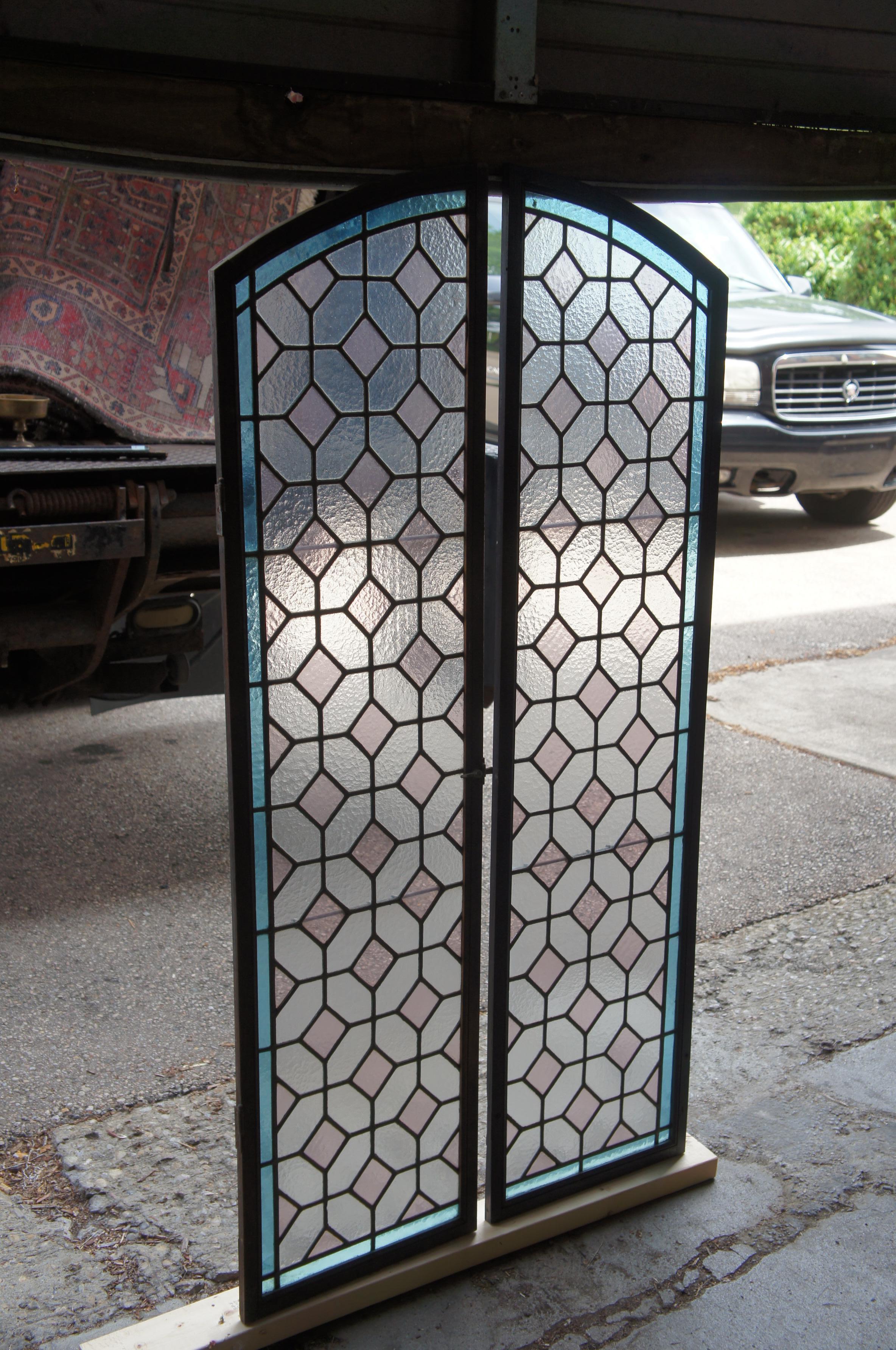 2 Vintage Reclaimed Arched Leaded Geometric Diamond Stained Glass Windows Pair For Sale 3