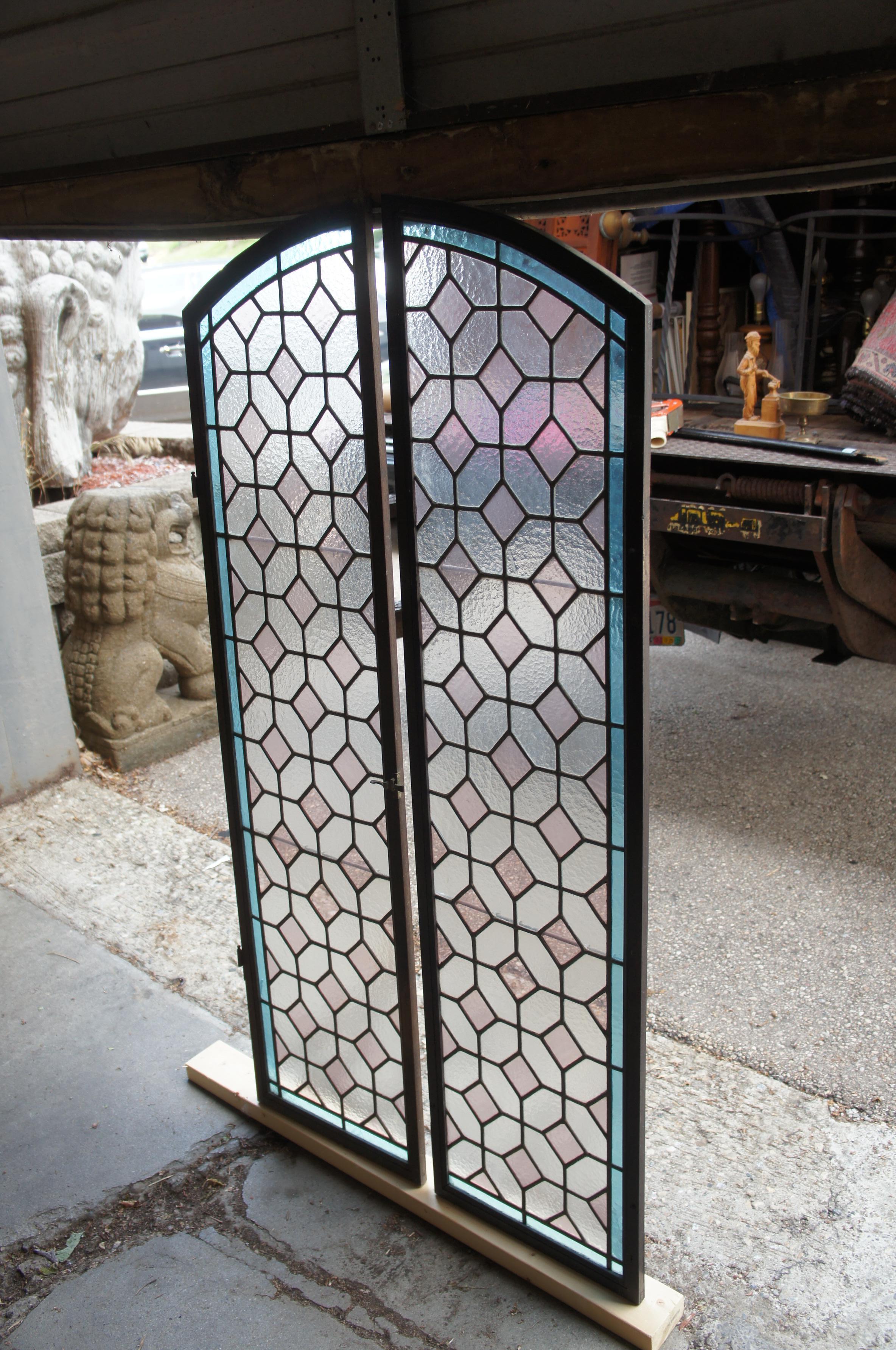 2 Vintage Reclaimed Arched Leaded Geometric Diamond Stained Glass Windows Pair For Sale 4