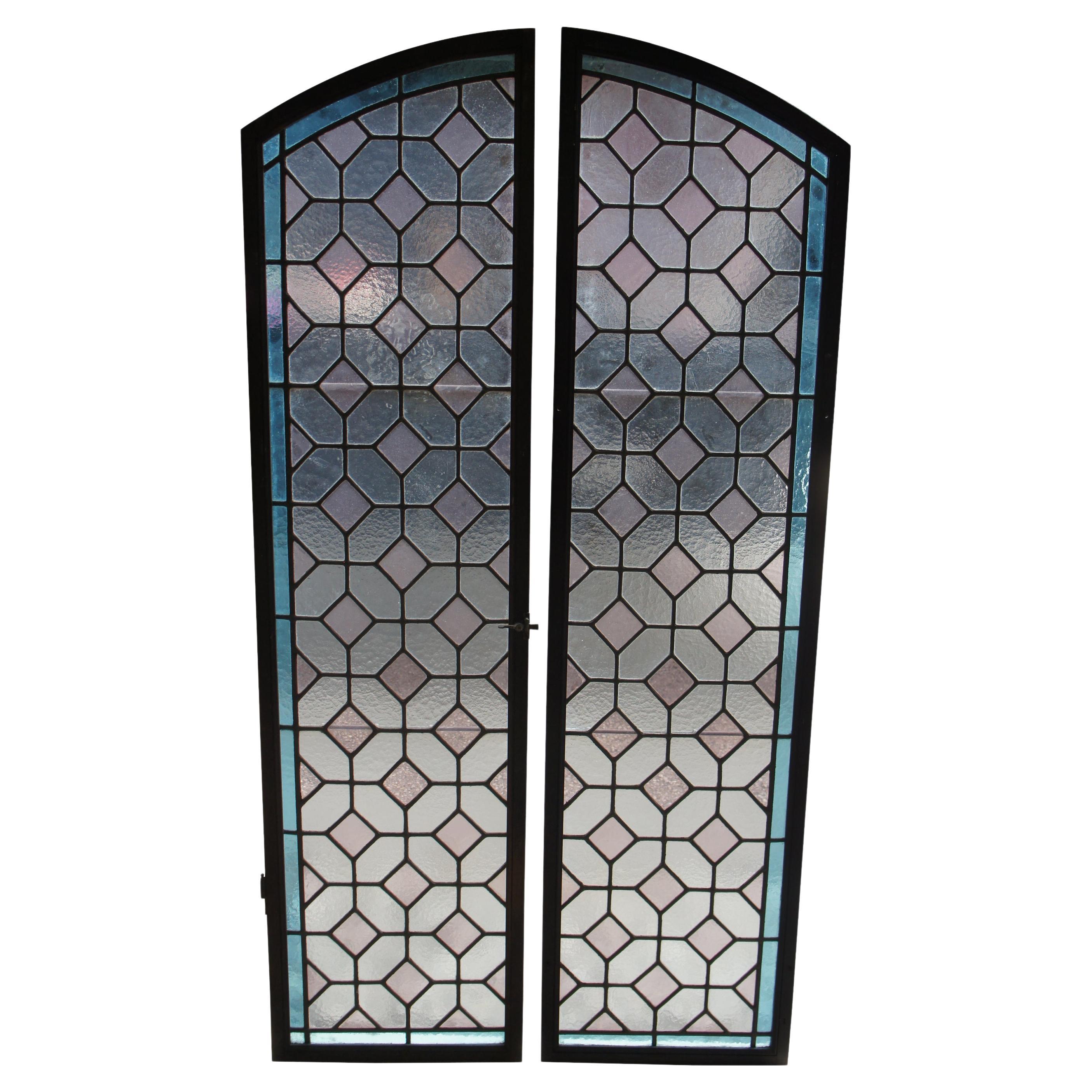2 Vintage Reclaimed Arched Leaded Geometric Diamond Stained Glass Windows Pair For Sale
