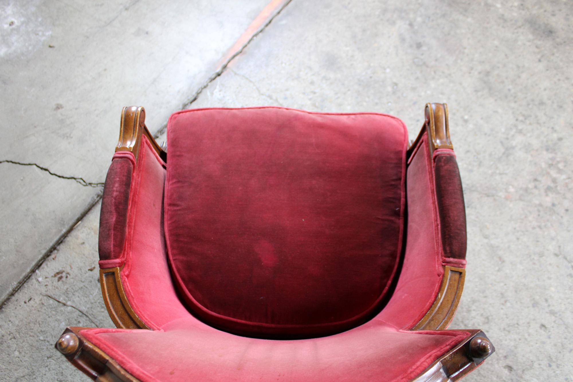 2 Vintage Red French Provincial Walnut Club Arm Library Accent Chairs Louis XV 2