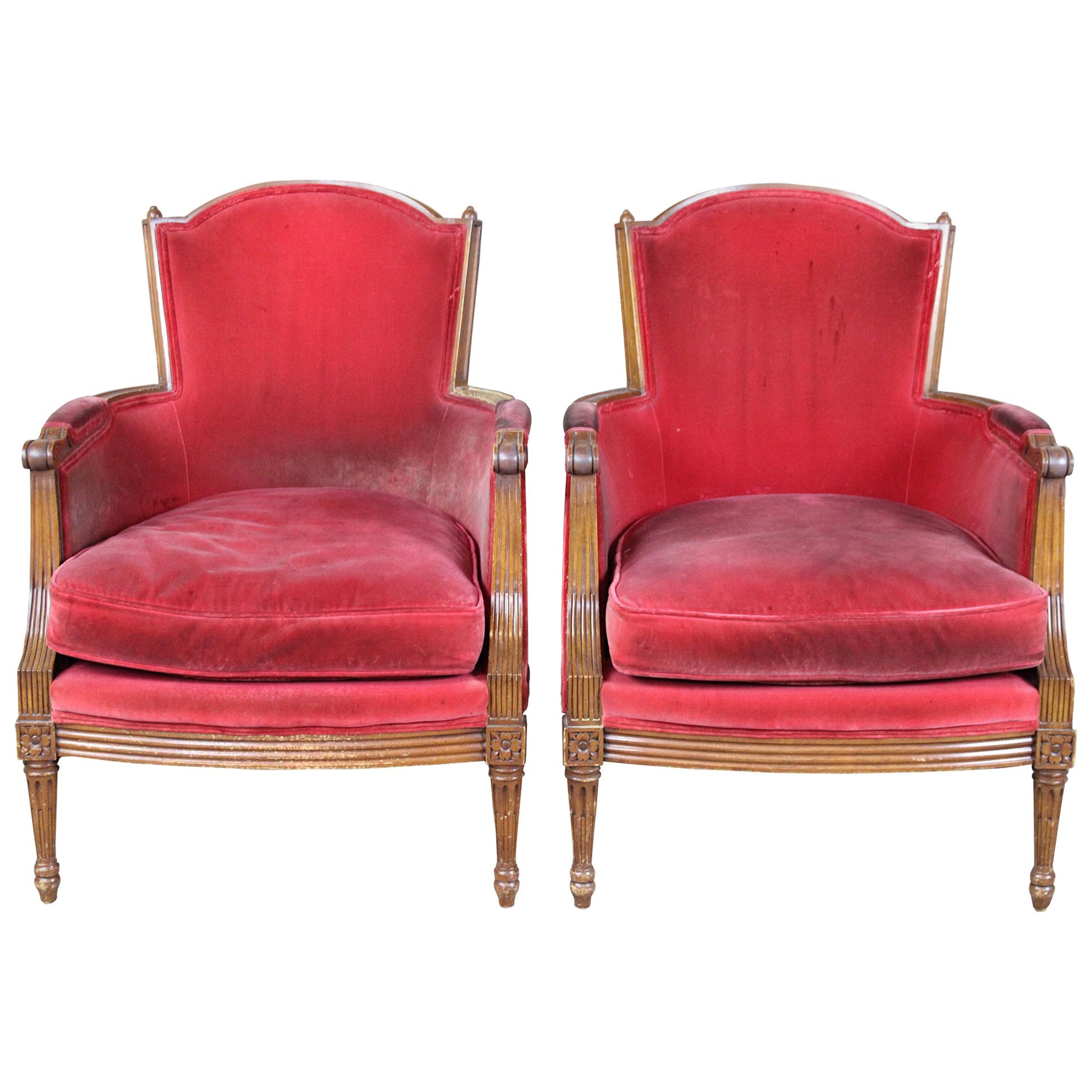 2 Vintage Red French Provincial Walnut Club Arm Library Accent Chairs Louis XV