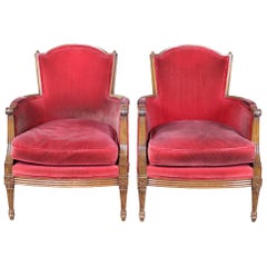 2 Vintage Red French Provincial Walnut Club Arm Library Accent Chairs Louis XV