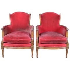 2 Vintage Red French Provincial Walnut Club Arm Library Accent Chairs Louis XV