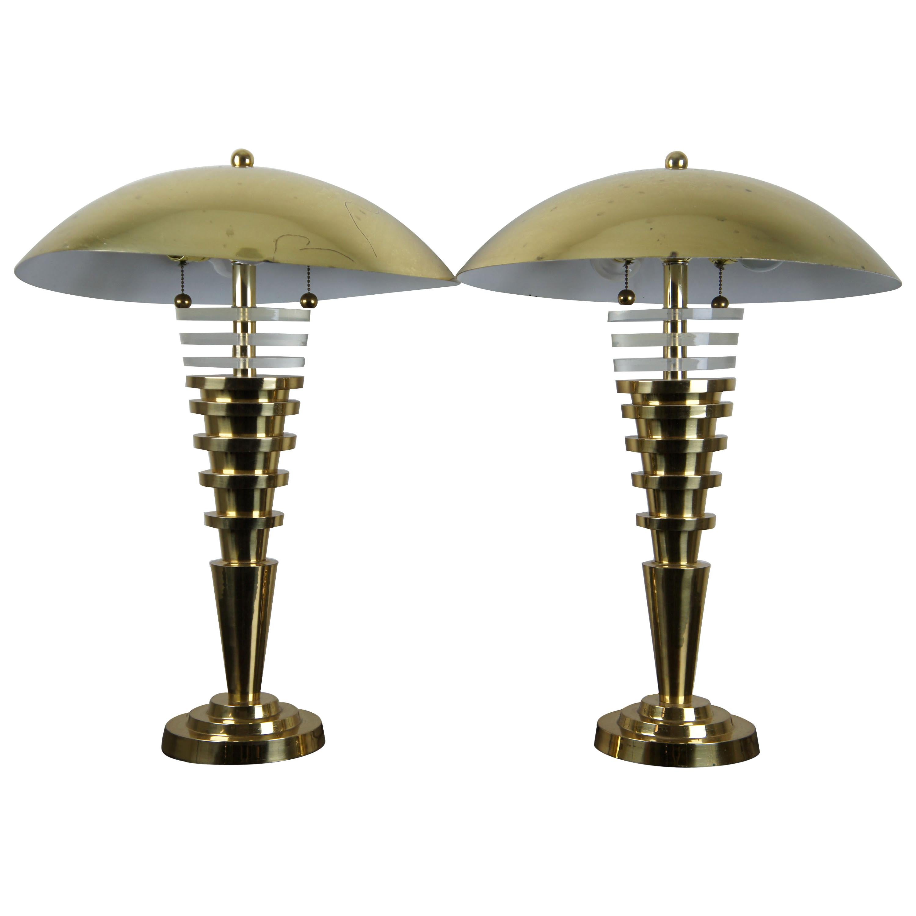 2 Vintage Regency Brass Acrylic MCM Lucite Table Lamps Charles Hollis Jones Pair