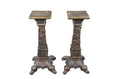 2 Vintage Regency Bronze Low Relief Acanthus Candle Stands Holders Pedestals 26"