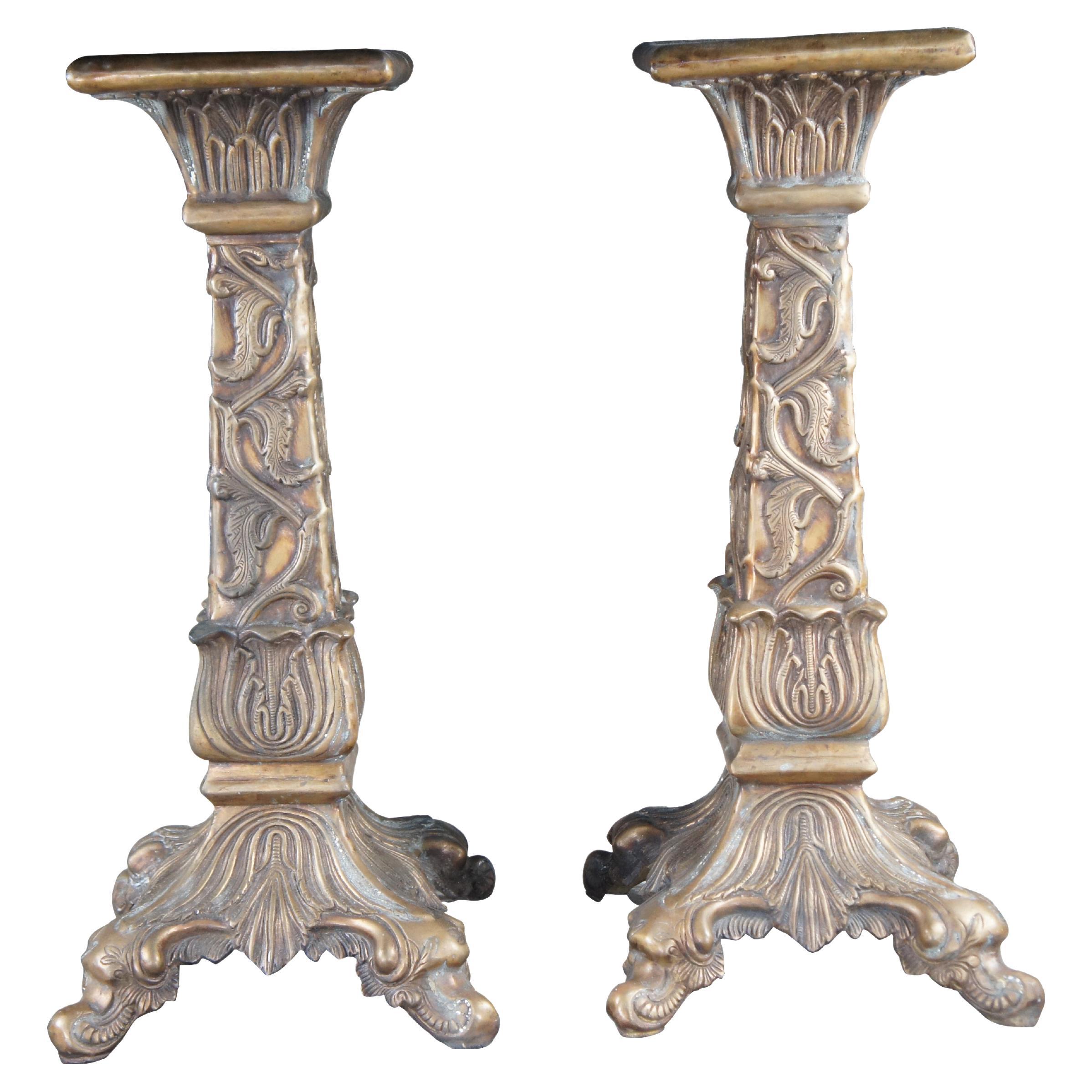 2 Vintage Regency Bronze Low Relief Acanthus Candle Stands Holders Pedestals 26" For Sale