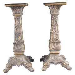 2 Used Regency Bronze Low Relief Acanthus Candle Stands Holders Pedestals 26"