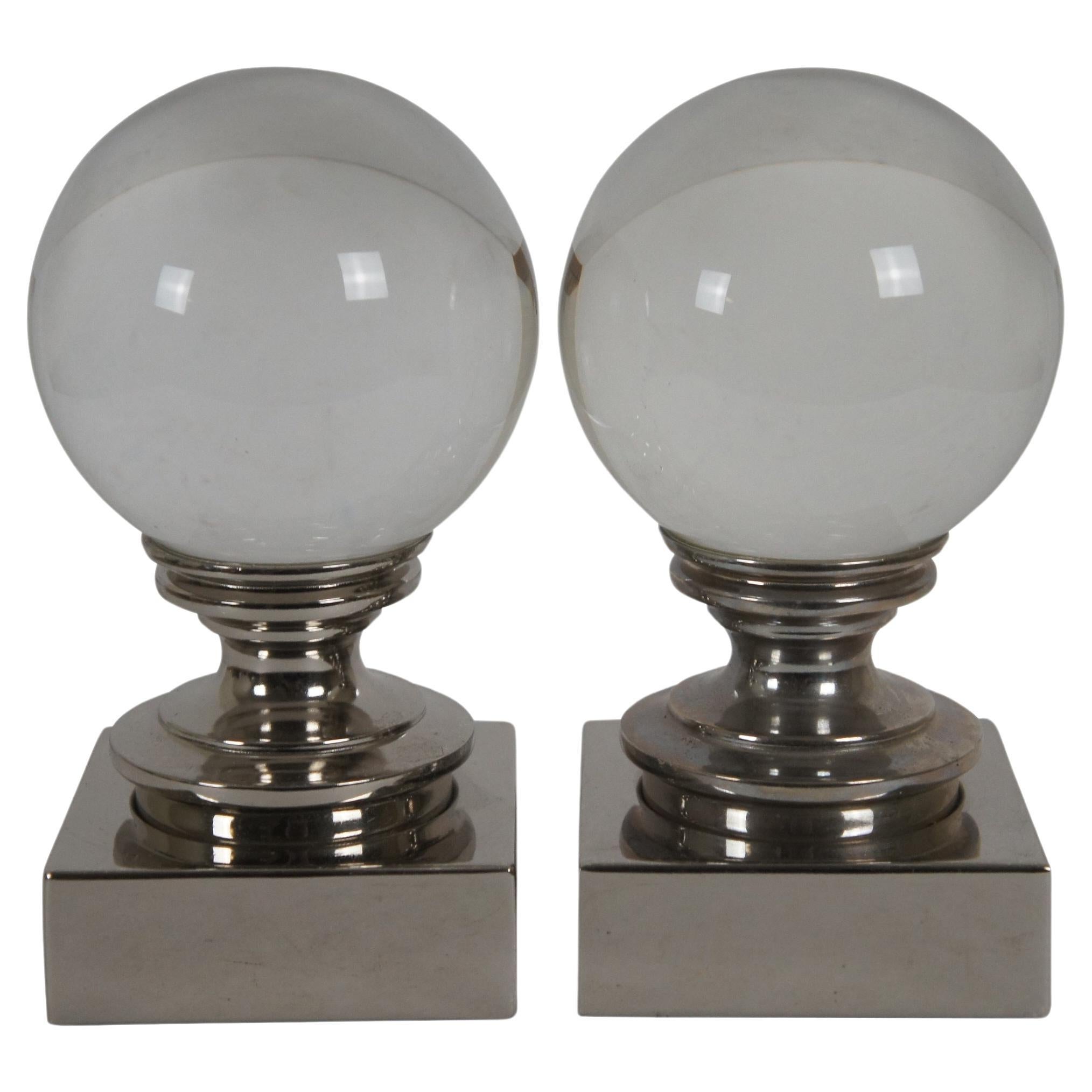 2 Vintage Restoration Hardware Crystal Ball Bookends on Chrome Pedestal 7"