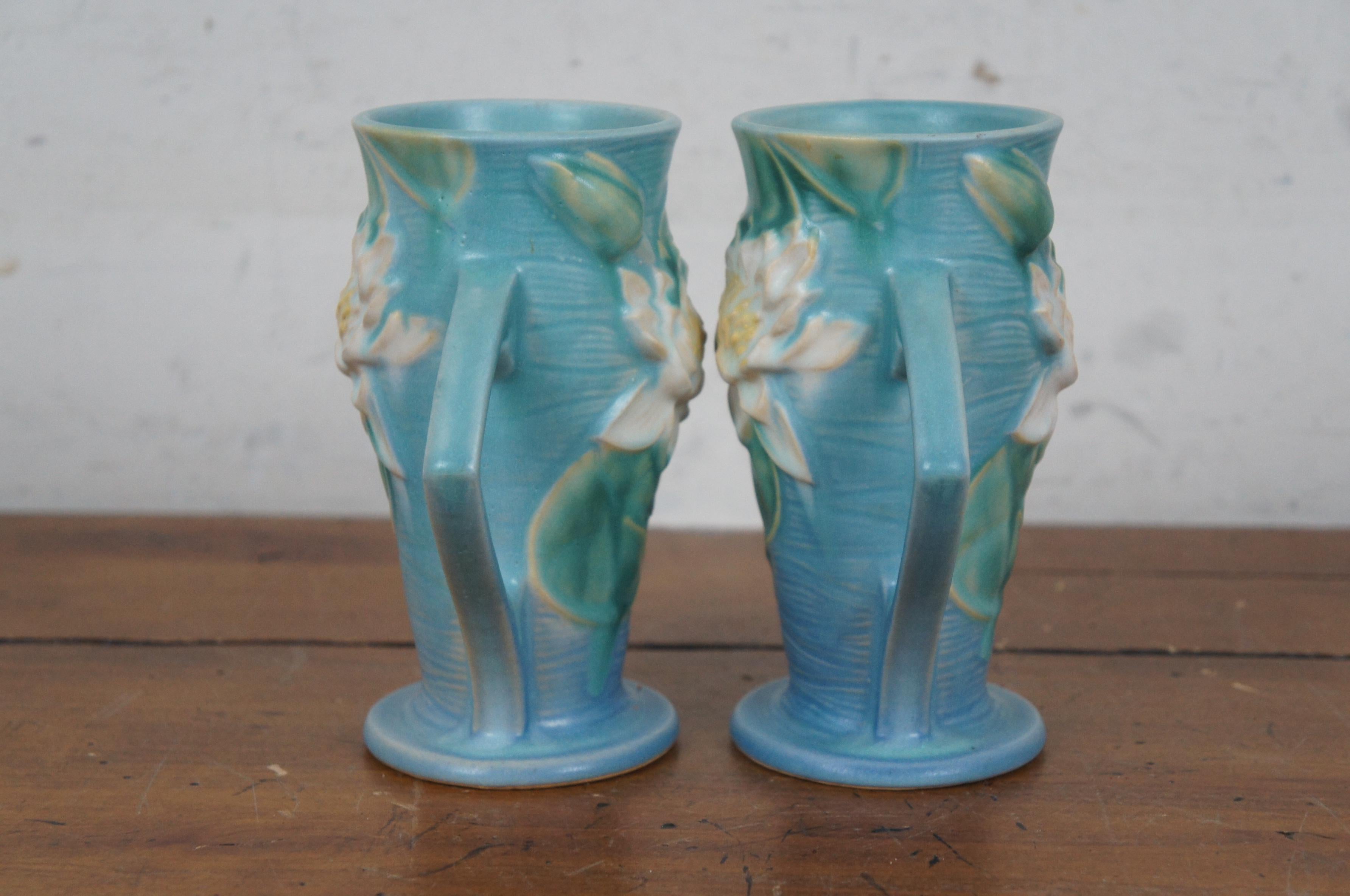 Mid-20th Century 2 Vintage Roseville Pottery 72-6 Blue Water Lilies Lily Pad Handled Vases  6
