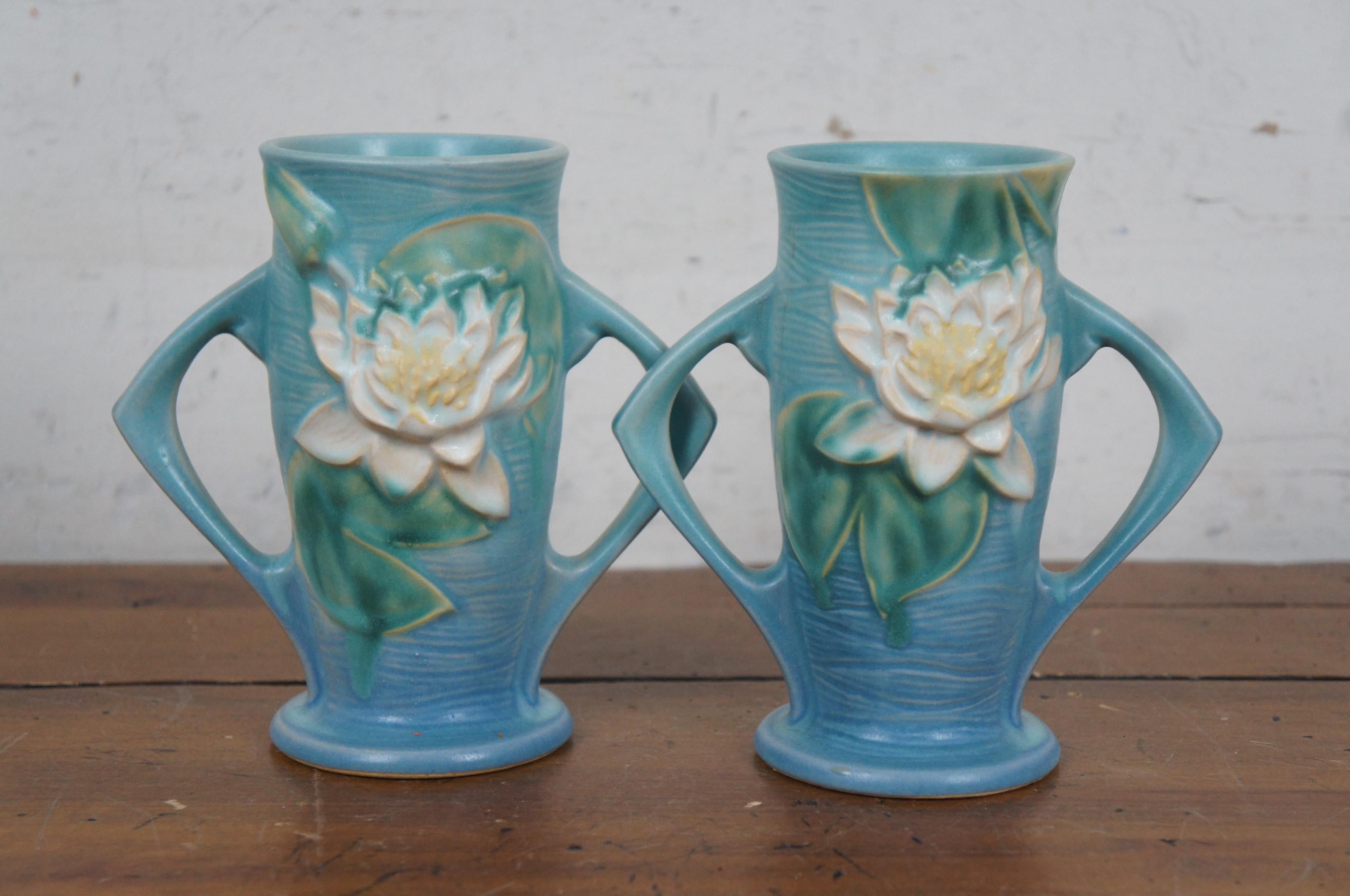 Ceramic 2 Vintage Roseville Pottery 72-6 Blue Water Lilies Lily Pad Handled Vases  6