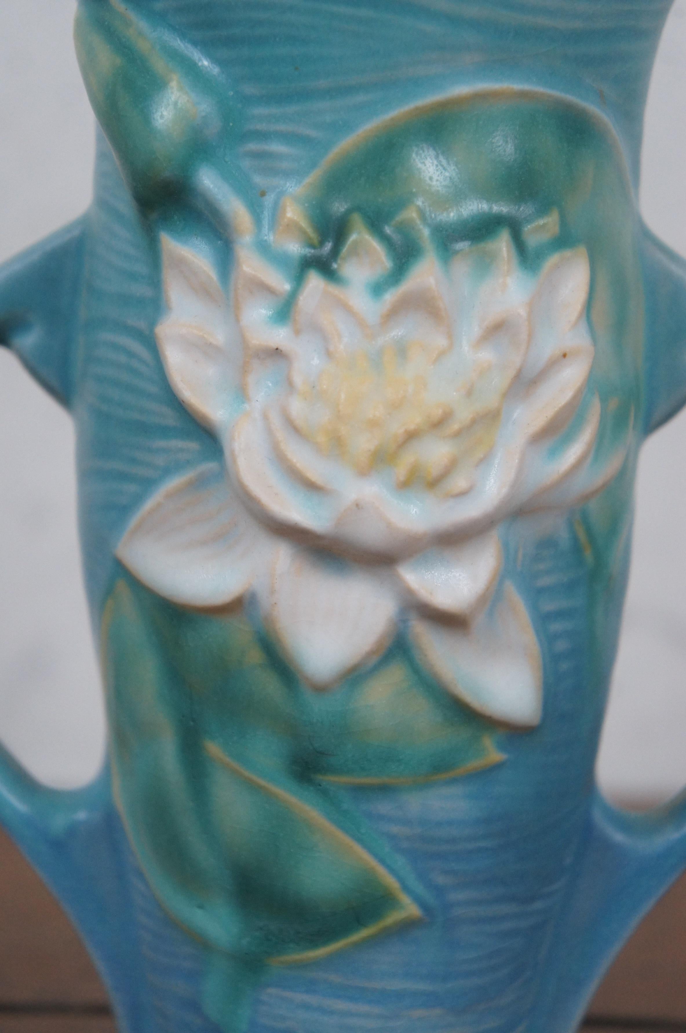 2 Vintage Roseville Pottery 72-6 Blue Water Lilies Lily Pad Handled Vases  6