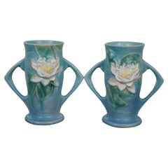 2 Vintage Roseville Pottery 72-6 Blue Water Lilies Lily Pad Handled Vases  6"