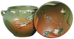 2 Vintage Roseville Pottery IJ-4 Fern Green Snowberry Planter Vase & Dish