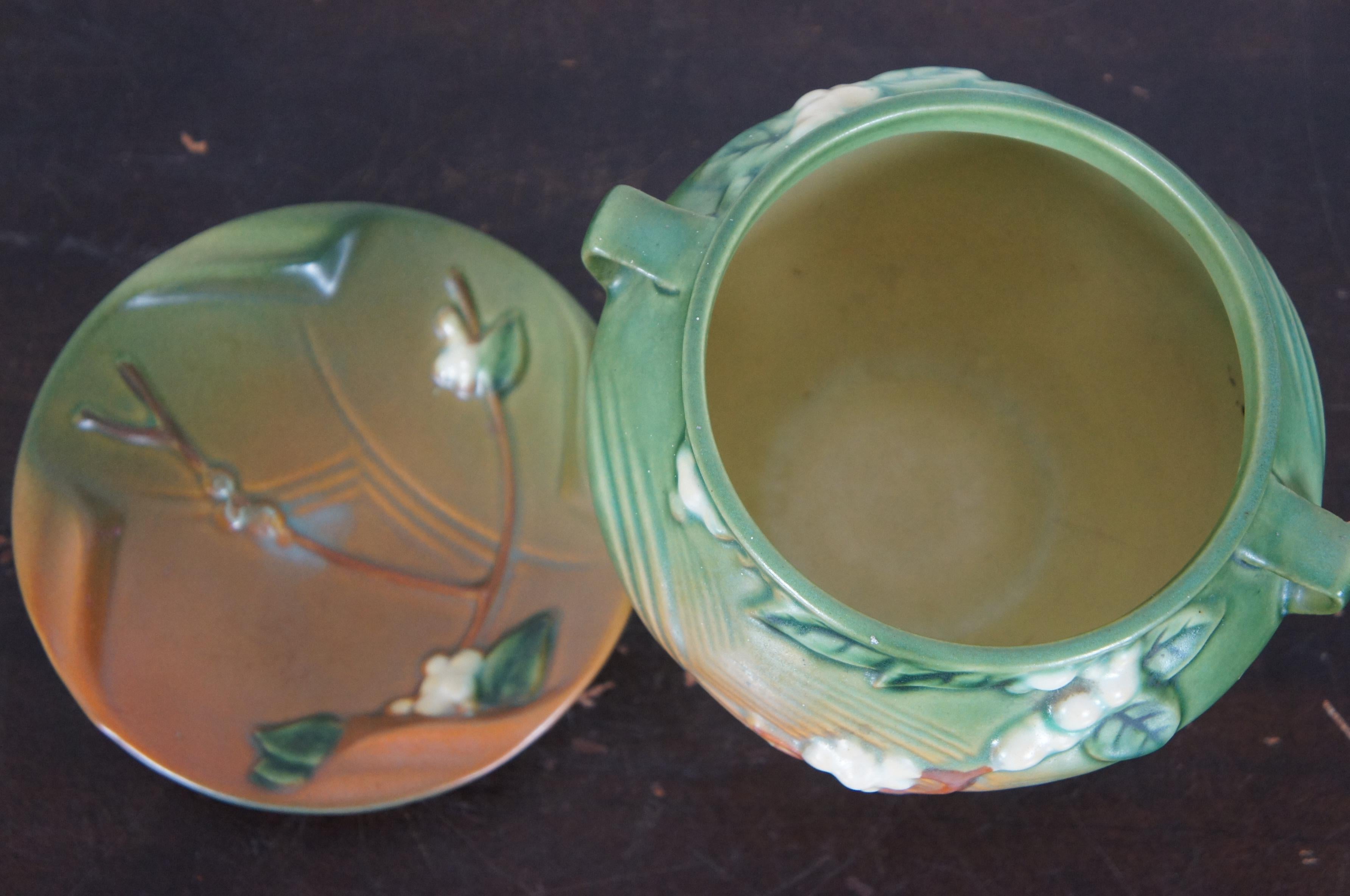 Ceramic 2 Vintage Roseville Pottery IJ-4 Fern Green Snowberry Planter Vase & Dish