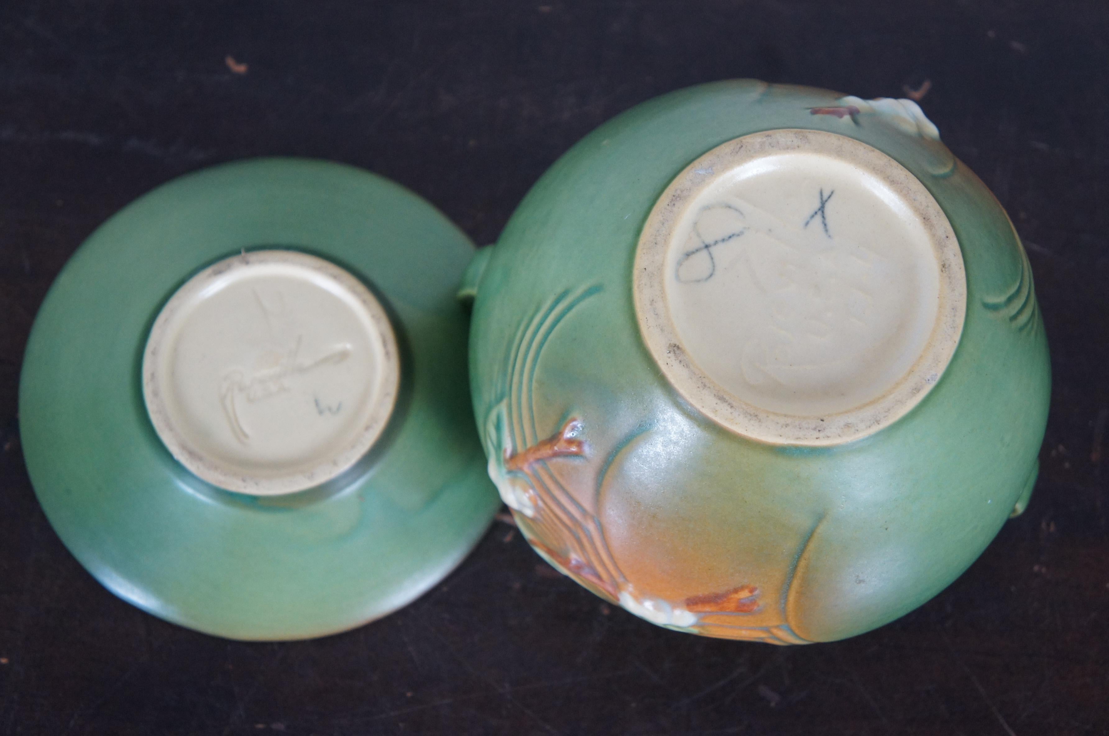2 Vintage Roseville Pottery IJ-4 Fern Green Snowberry Planter Vase & Dish 1