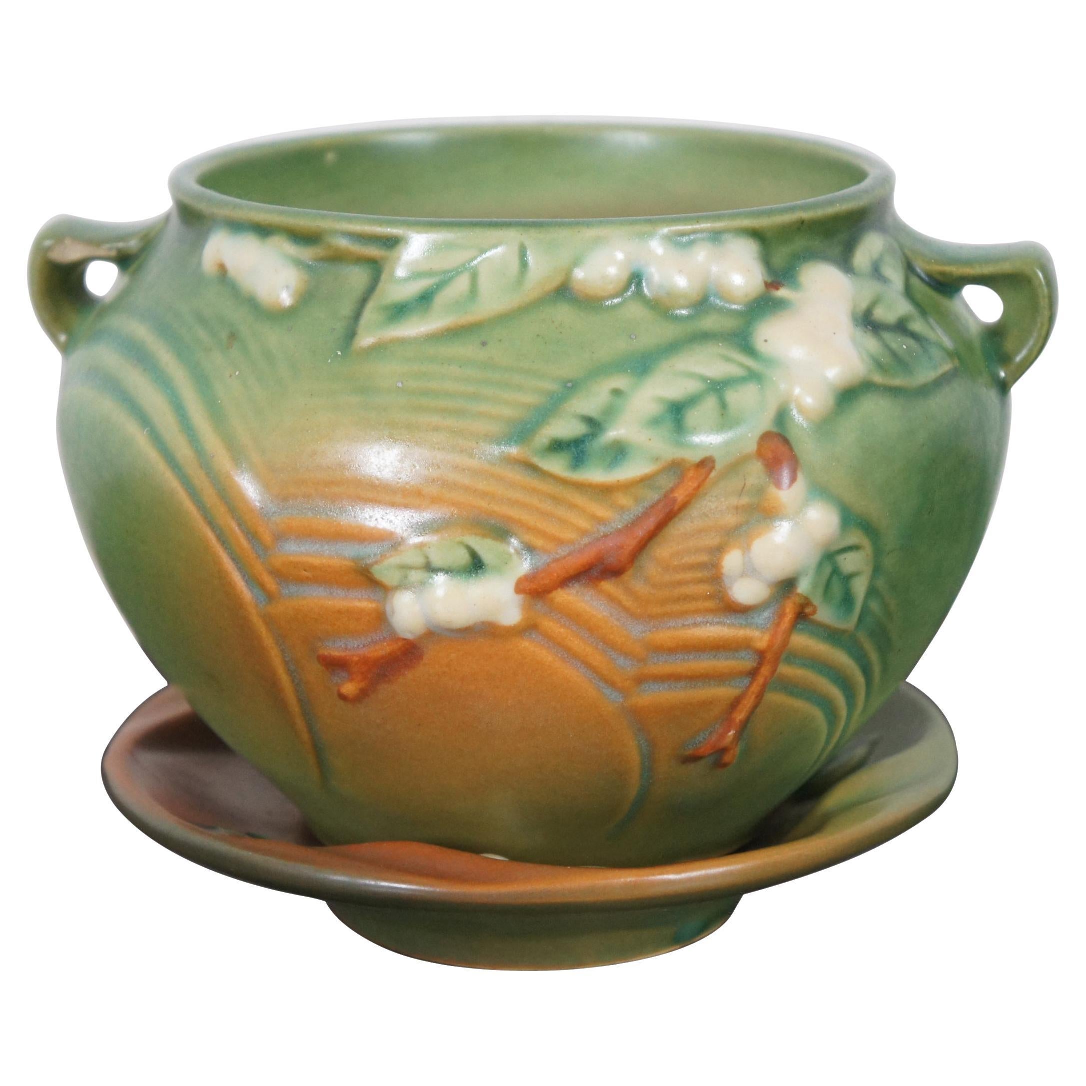 2 Vintage Roseville Pottery IJ-4 Fern Green Snowberry Planter Vase & Dish