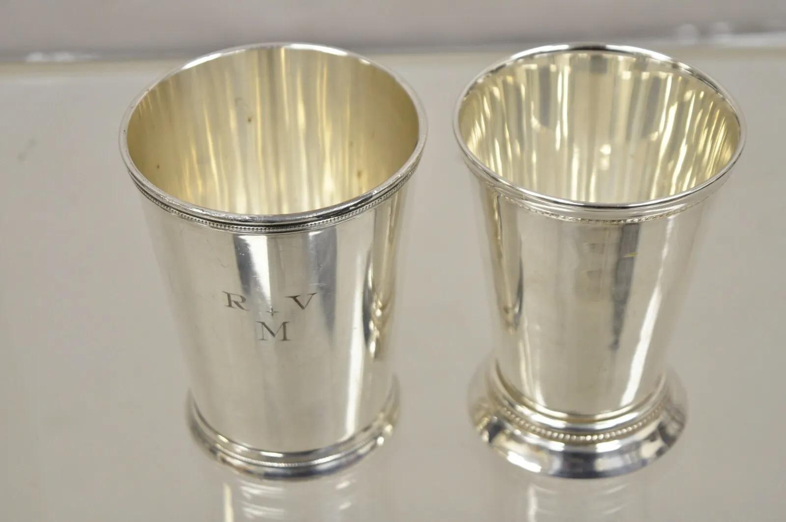 2 Vintage Silver Plated Mint Julep Cups, 1 with Monogram - 2 Pieces. Item features 2 different cups, 1 believed to be English with 