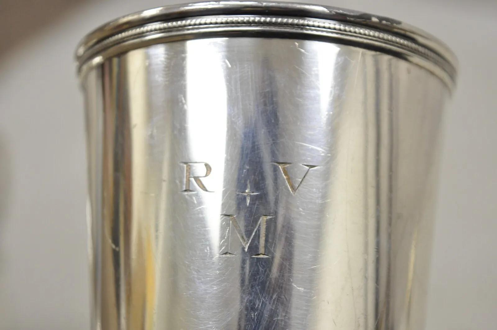 2 Vintage Silver Plated Mint Julep Cups Tumblers 1 with Monogram - 2 Pieces In Good Condition For Sale In Philadelphia, PA