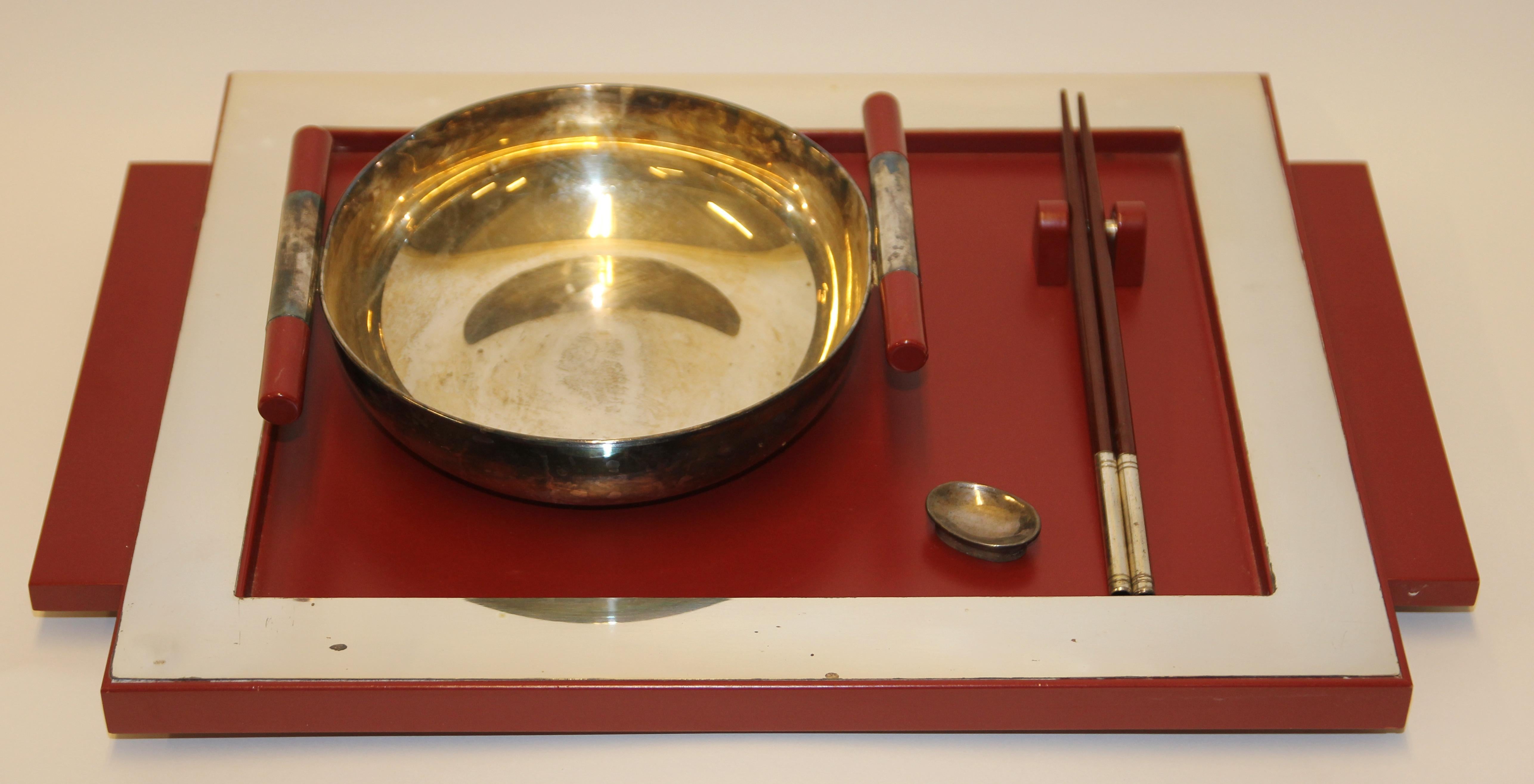 Two sets of vintage dining, serving, food tray, japan, china, Asian art, sterling silver.

Tray frame, bowl and handles of the chopsticks made of 925 sterling silver.
Hallmarked.

Various wear and tear in places.

Dimensions are for the tray.