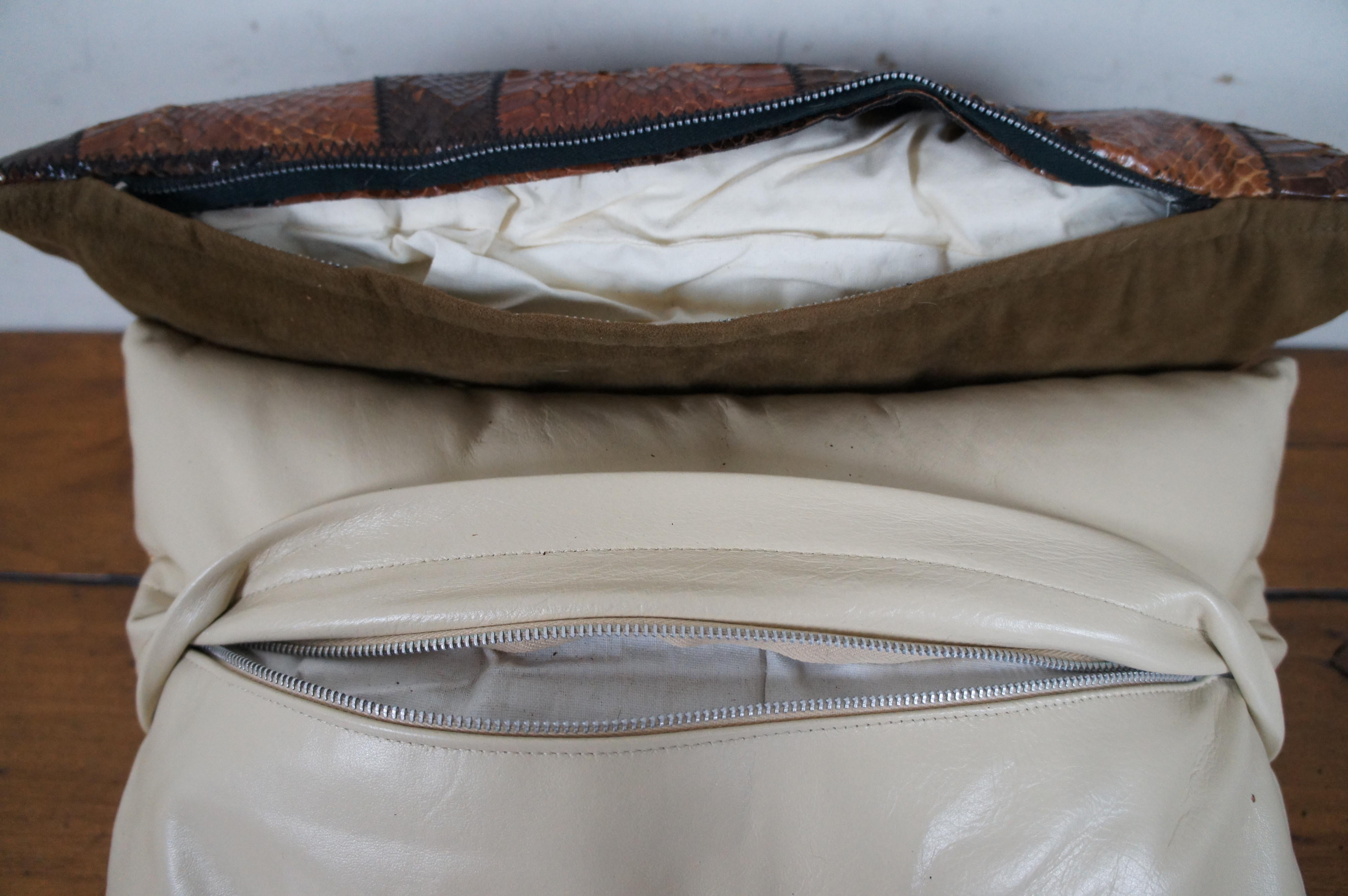 2 Vintage Snakeskin Leather Lumbar Throw Pillows Patchwork Cream Brown 17