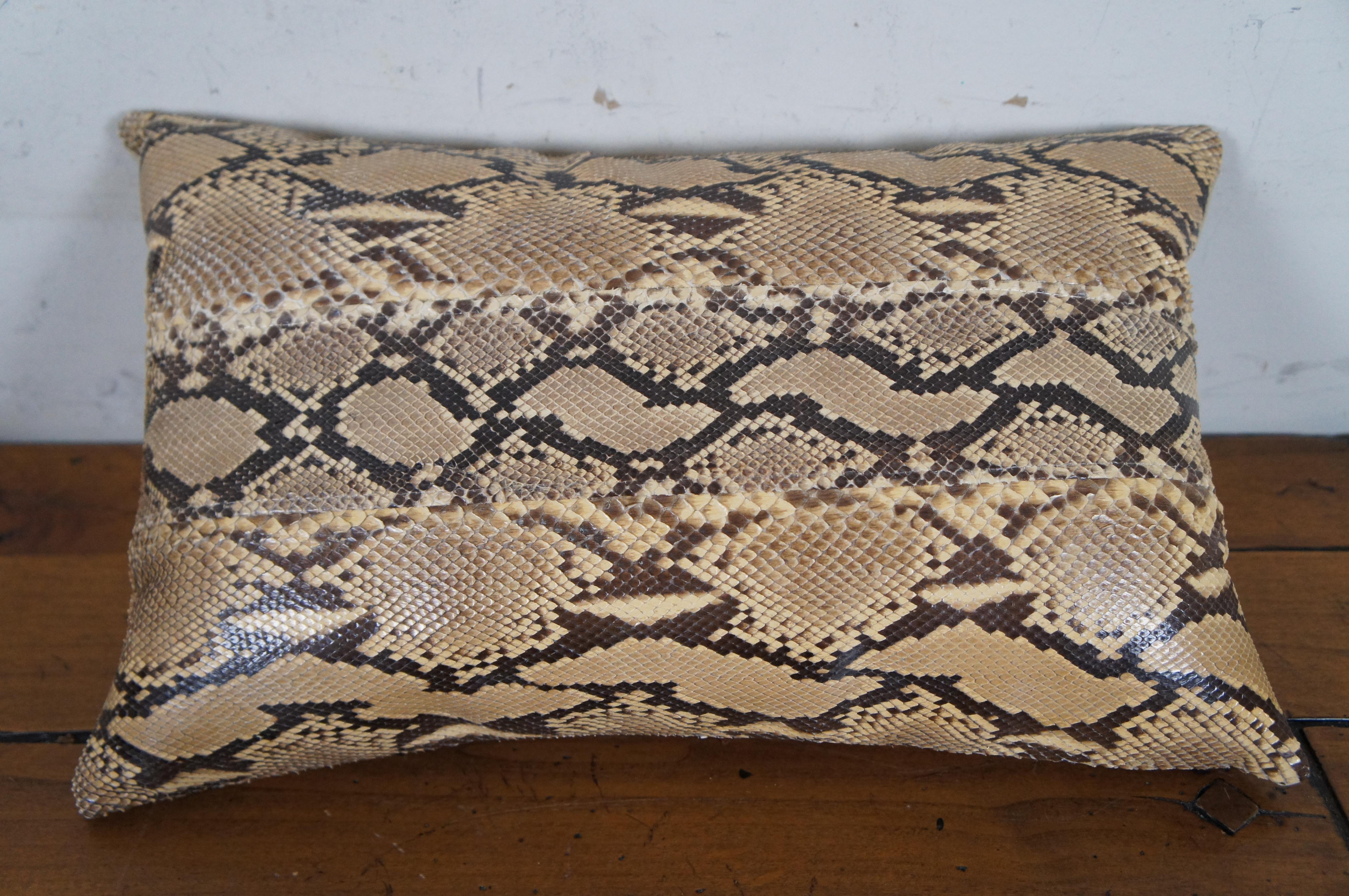 Modern 2 Vintage Snakeskin Leather Lumbar Throw Pillows Patchwork Cream Brown 17