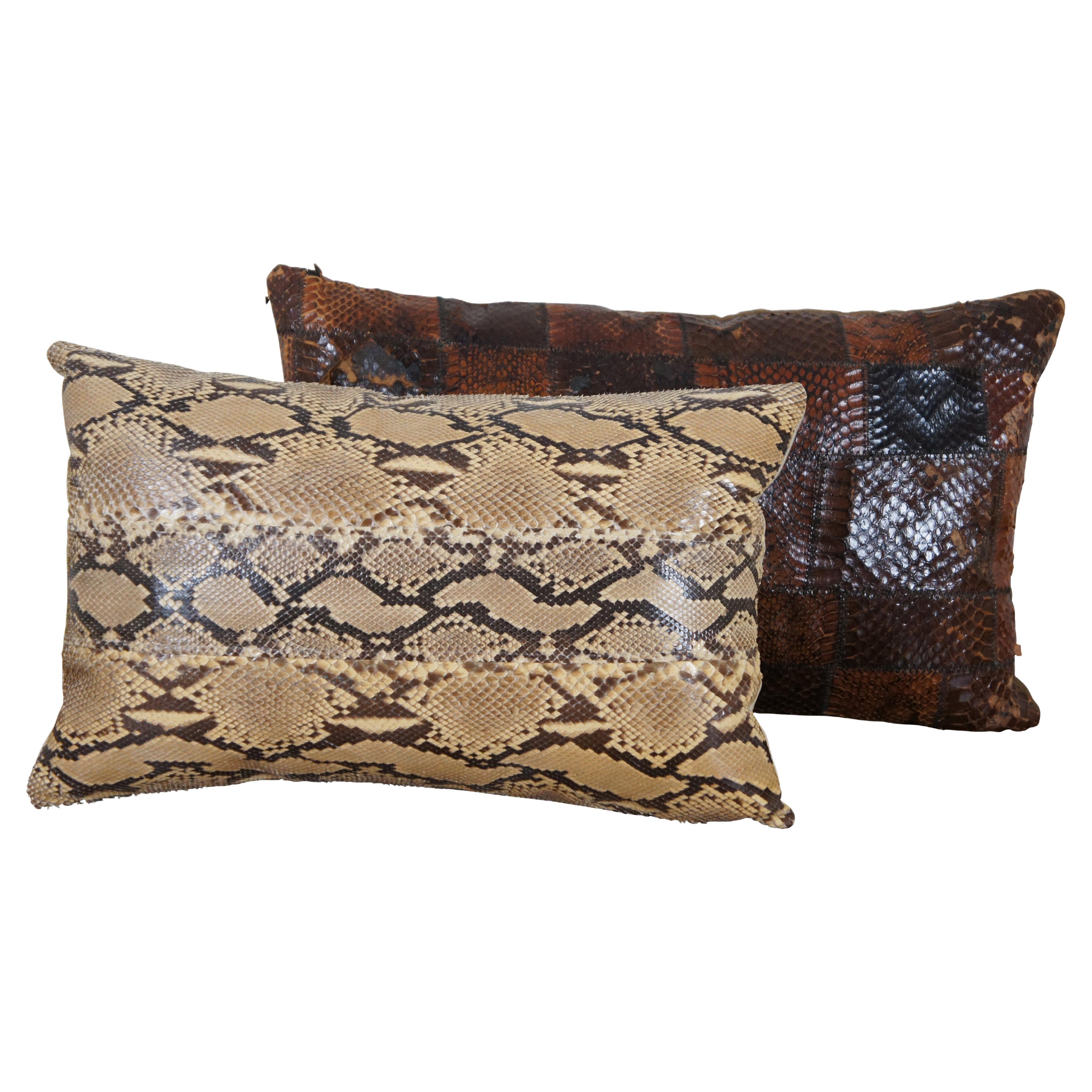 2 Vintage Snakeskin Leather Lumbar Throw Pillows Patchwork Cream Brown 17" For Sale