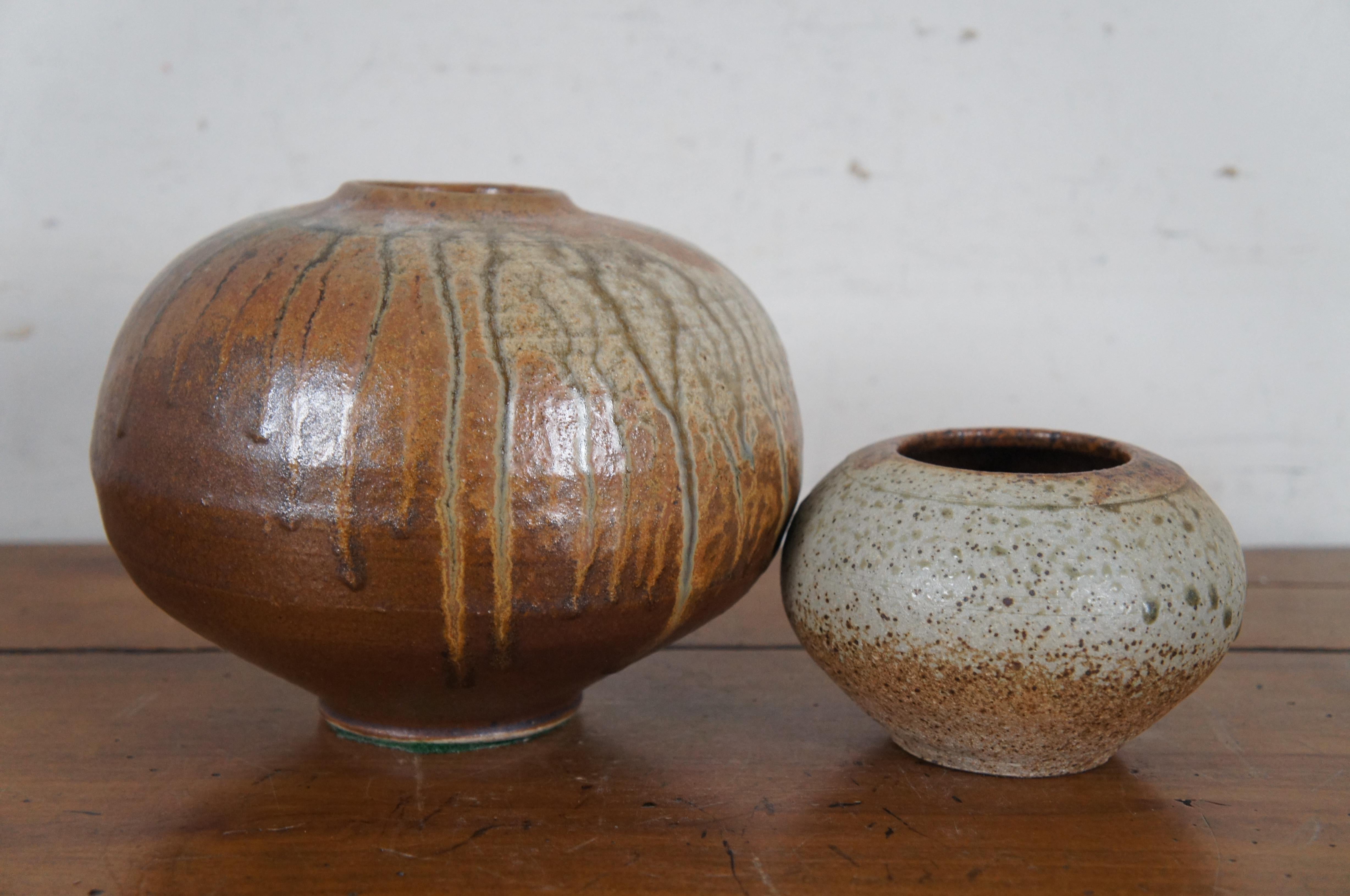 2 Vintage Southwestern Round Glazed Ceramic Earthenware Pots Vases Vessels  1