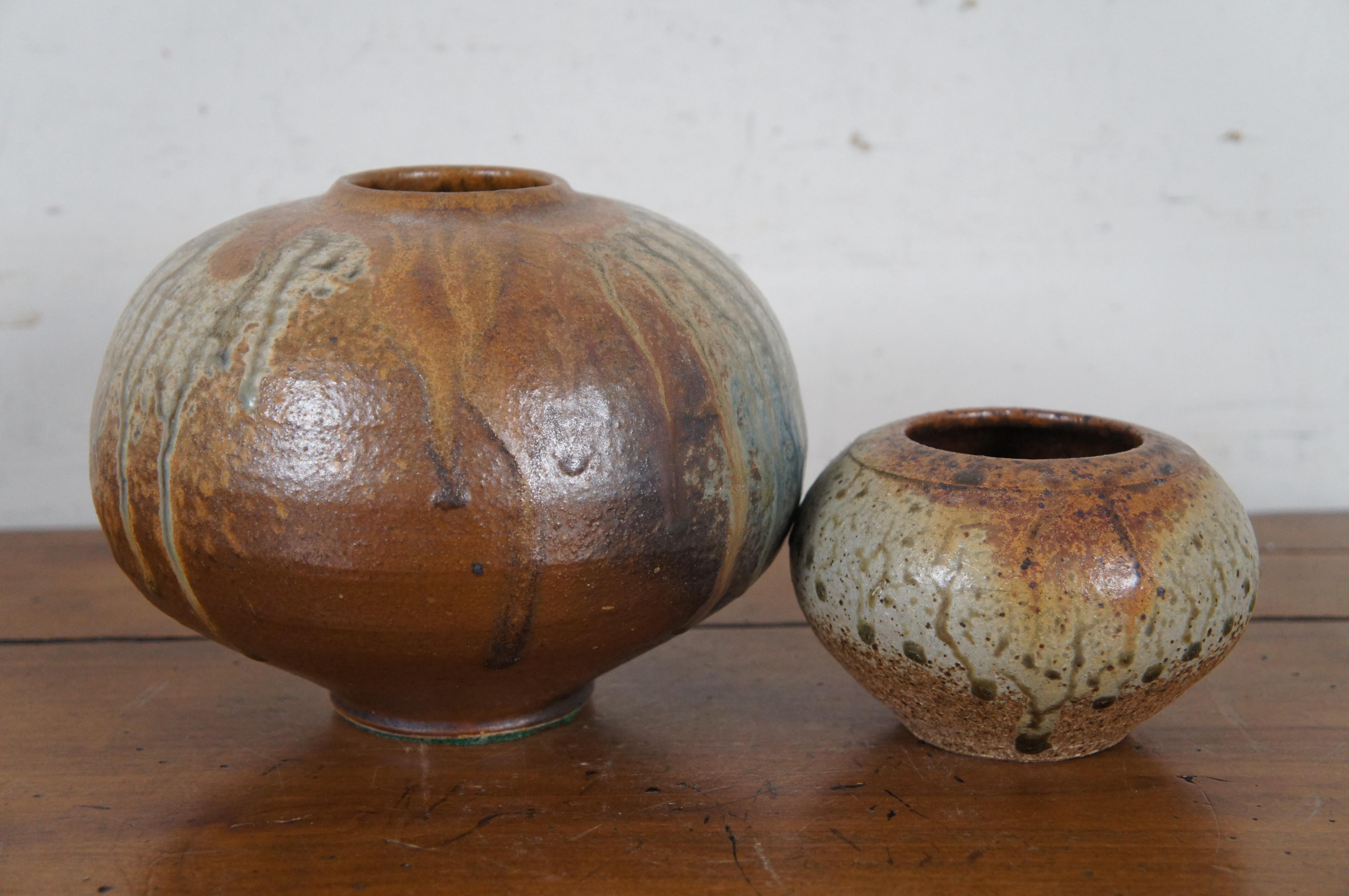 2 Vintage Southwestern Round Glazed Ceramic Earthenware Pots Vases Vessels  2