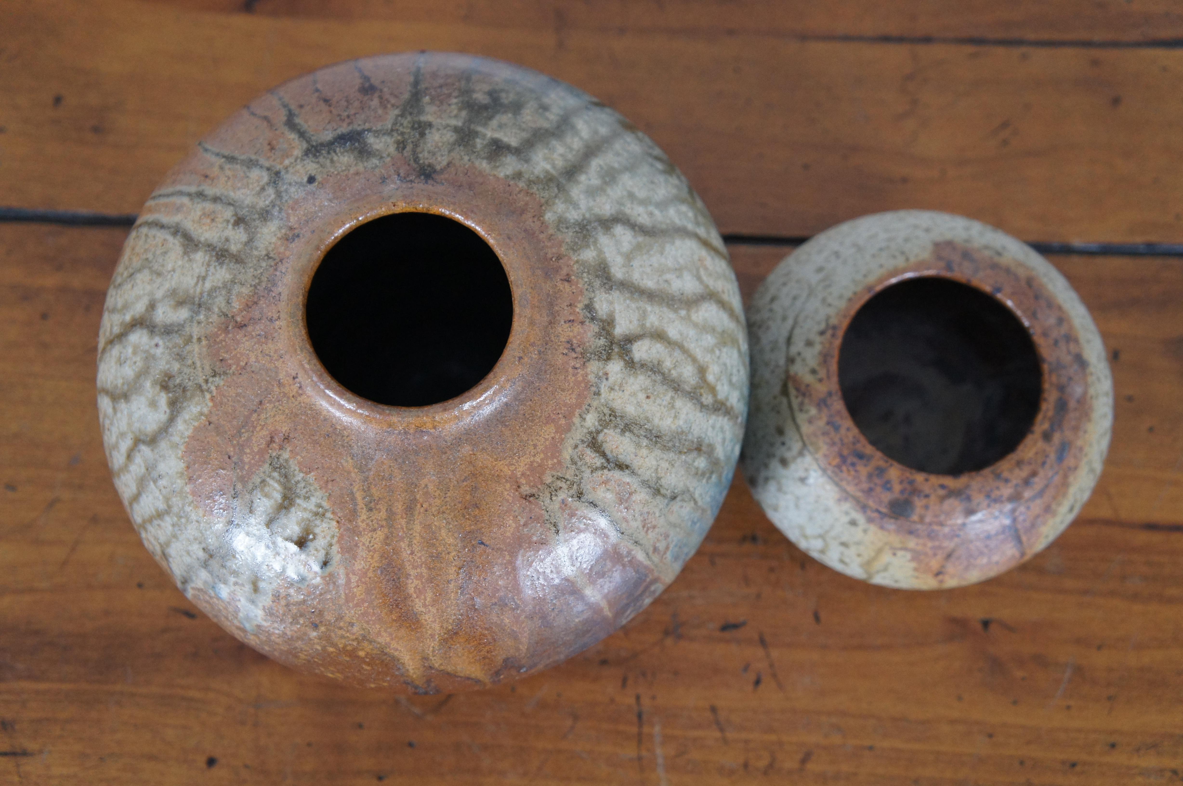 2 Vintage Southwestern Round Glazed Ceramic Earthenware Pots Vases Vessels  3